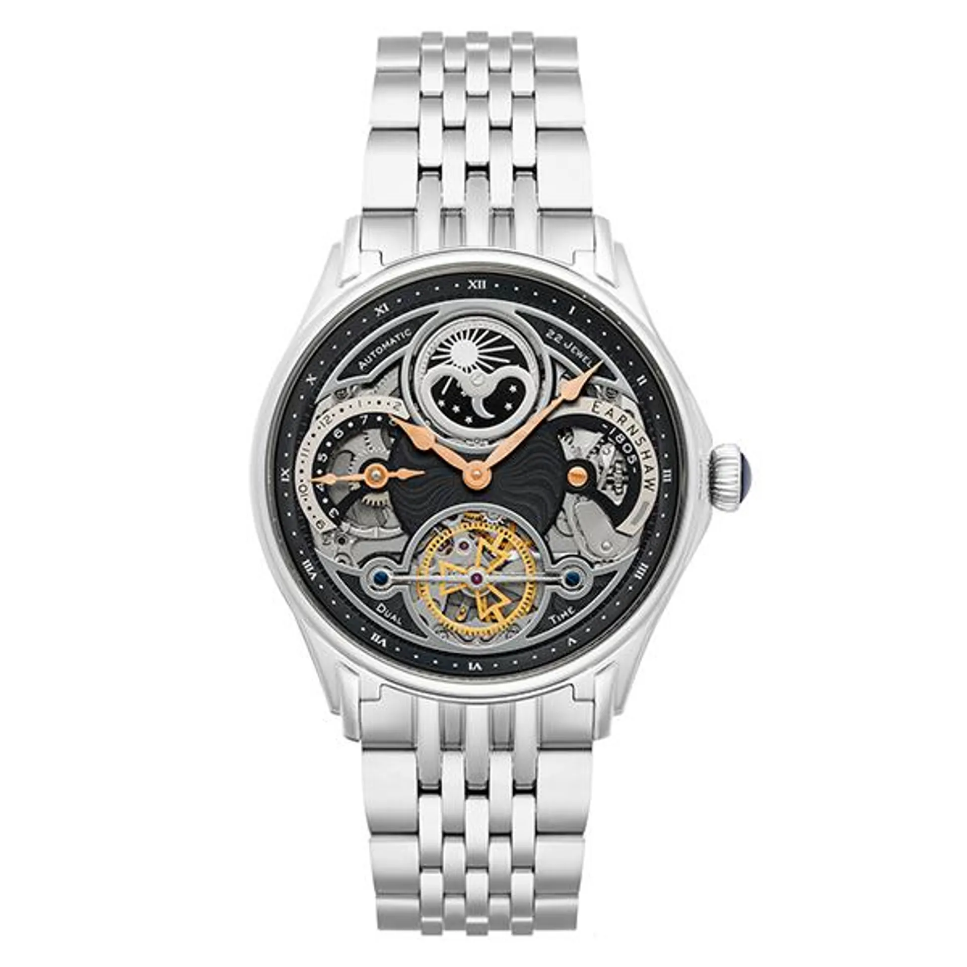 Thomas Earnshaw Gents Nasmyth Sun Moon Dual Time Watch with Stainless Steel Bracelet