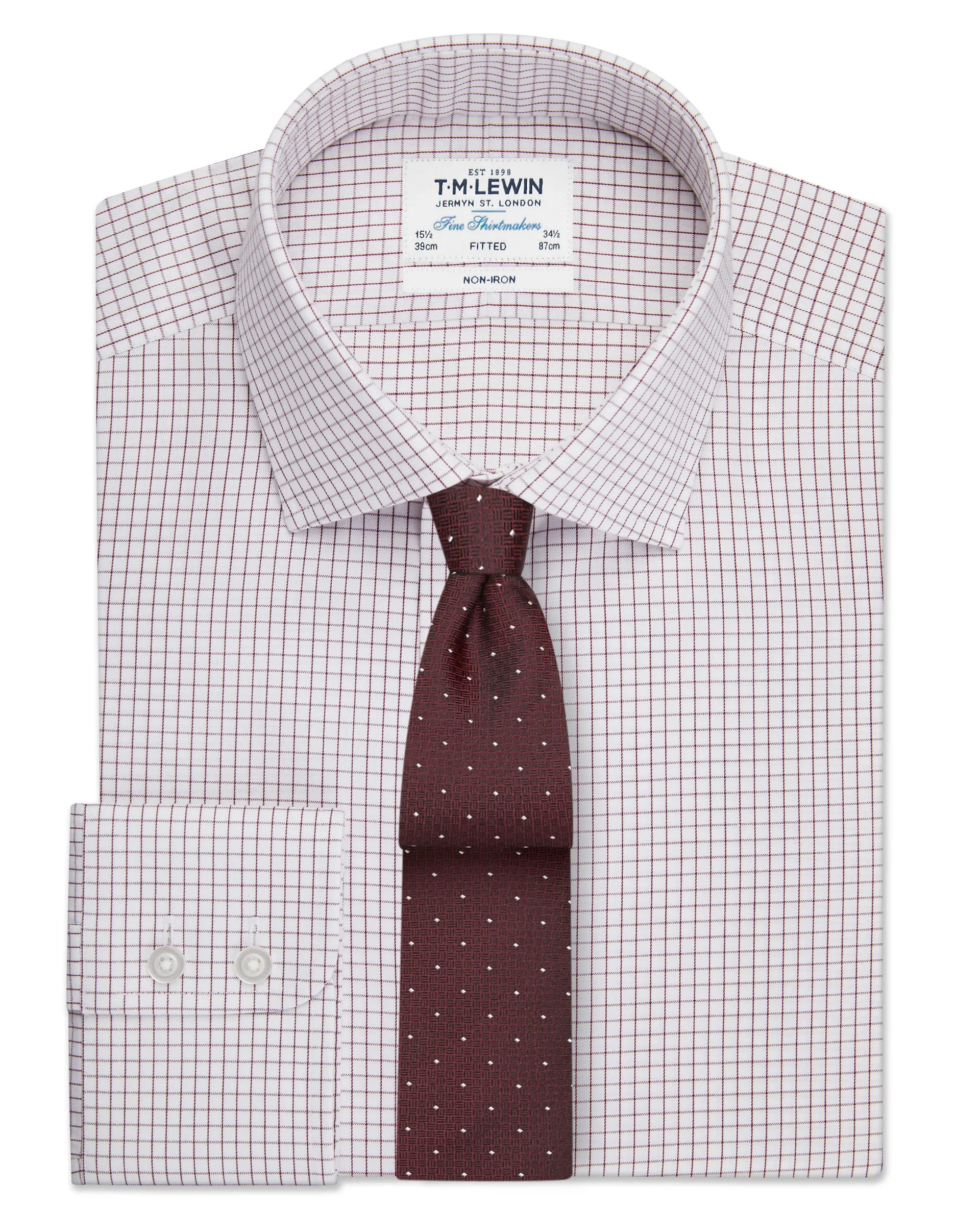 Non-Iron Fitted Burgundy Check Single Cuff Shirt