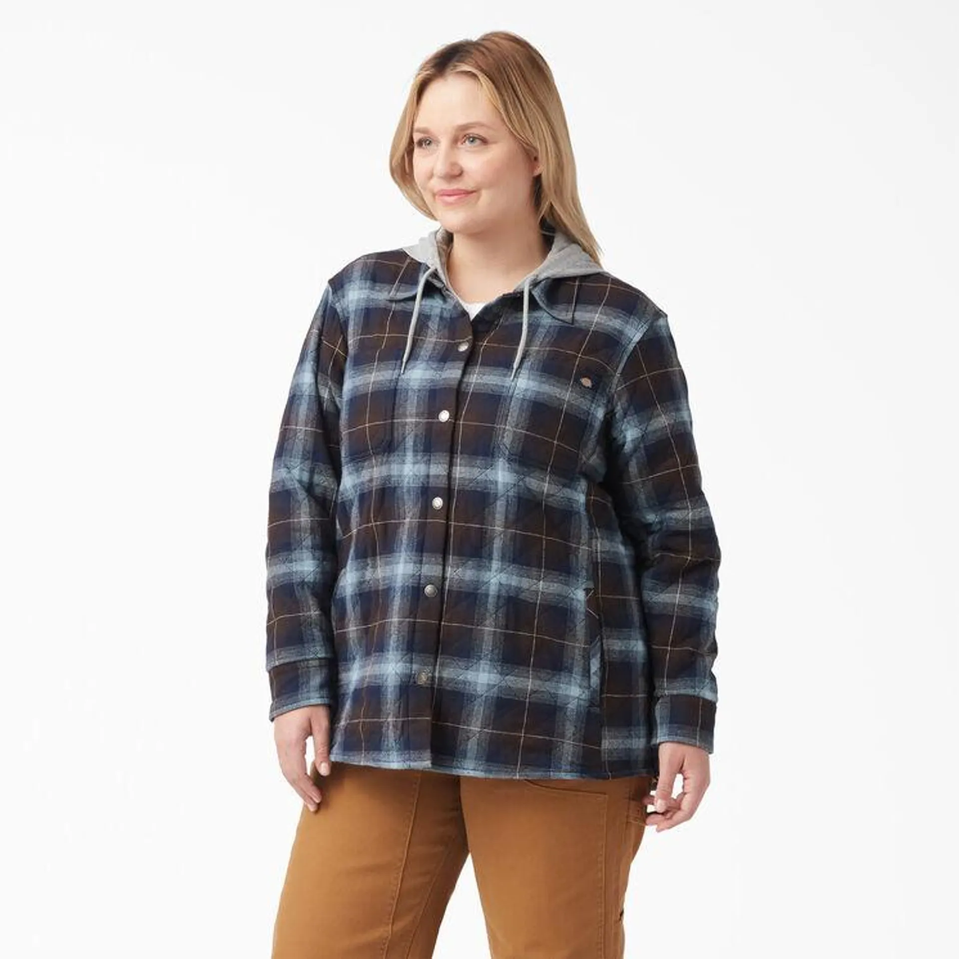 Women’s Plus Flannel Hooded Shirt Jacket, Clear Blue/Brown Ombre Plaid