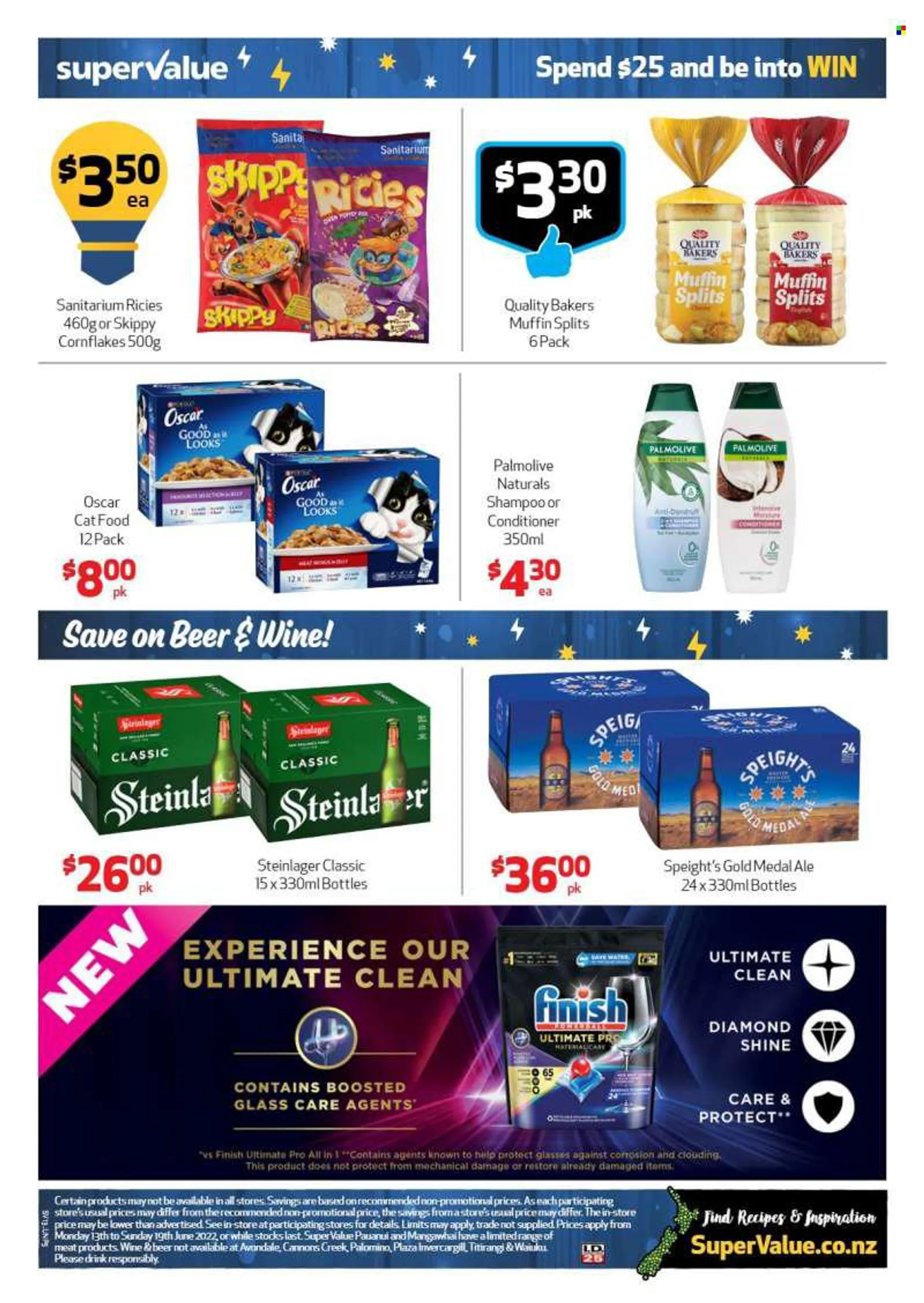 SuperValue mailer - 13.06.2022 - 19.06.2022 - Sales products - muffin, corn flakes, rice, wine, beer, Steinlager, shampoo, Palmolive, animal food, cat food, Bakers. Page 5.