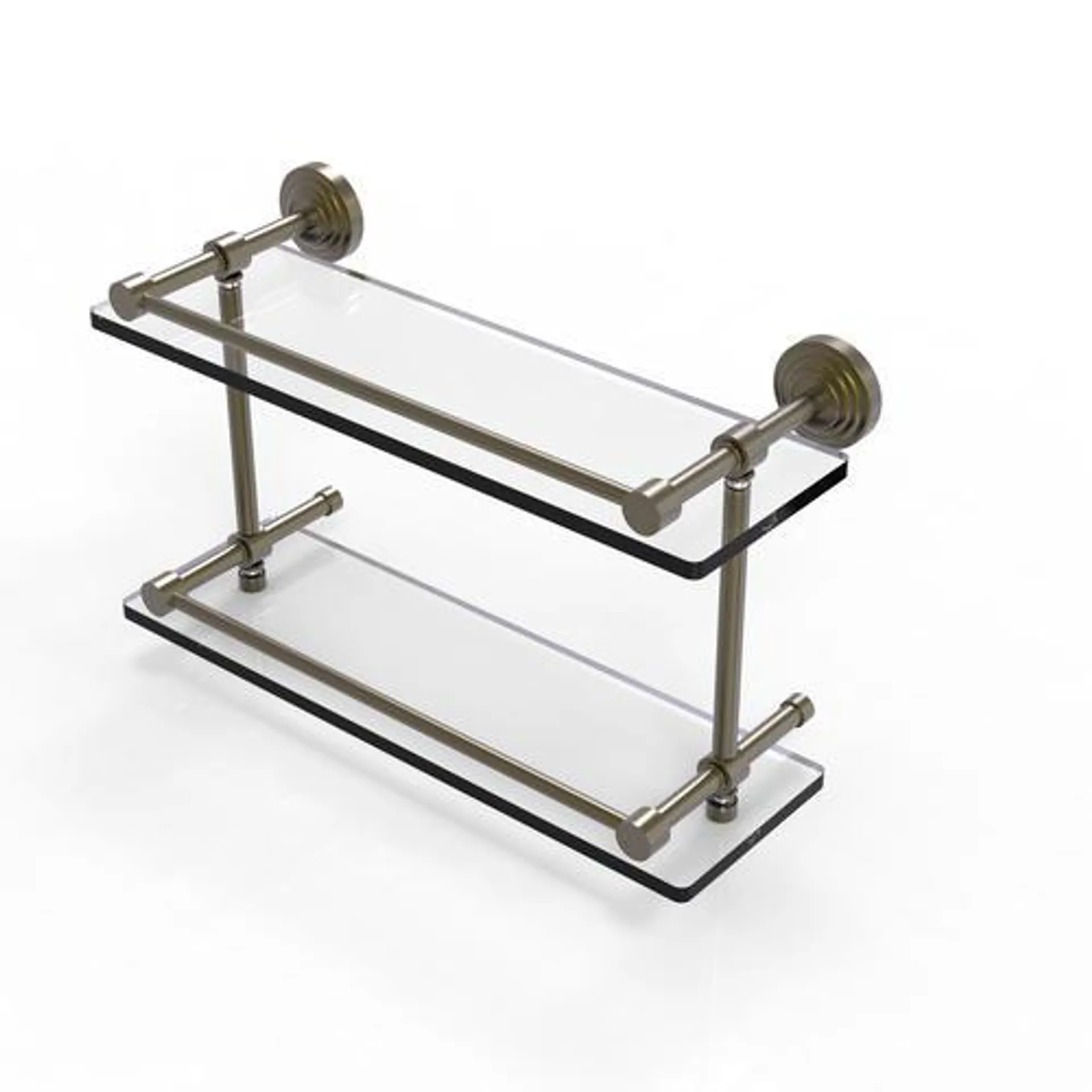 Allied Brass Waverly Place 16" Antique Brass 2-Tier Glass Bathroom Shelf with Gallery Rail