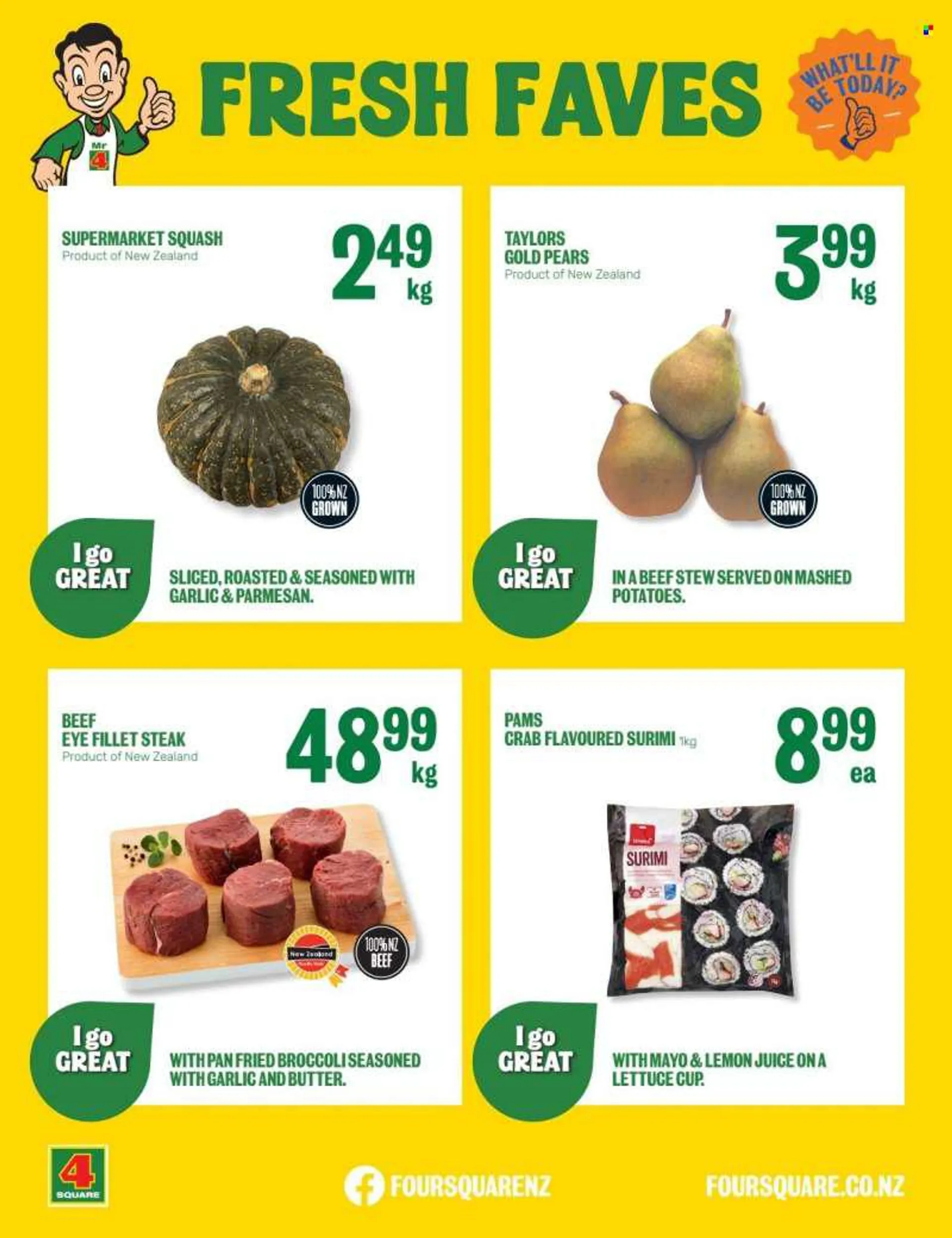 Four Square mailer - 06.06.2022 - 12.06.2022 - Sales products - broccoli, lettuce, pears, crab, mashed potatoes, parmesan, butter, mayonnaise, lemon juice, beef meat, steak, beef tenderloin, eye of round, pan, cup. Page 3.