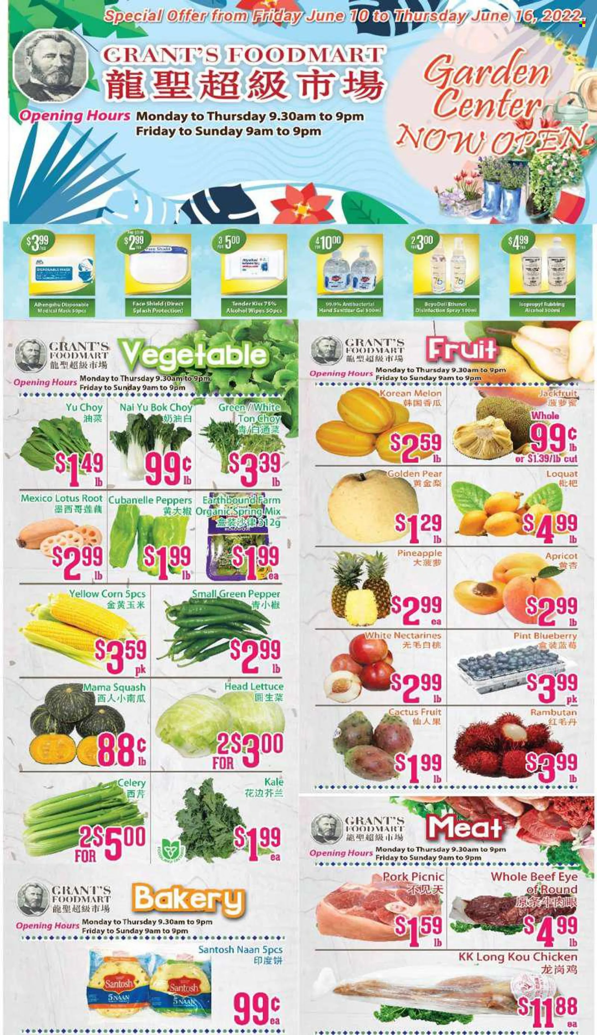 Grants Foodmart Flyer - June 10, 2022 - June 16, 2022 - Sales products - bok choy, celery, corn, peppers, green pepper, nectarines, pineapple, pears, melons, Grants, beef meat, eye of round, wipes, Lotus, hand sanitizer, disposable mask. Page 1.