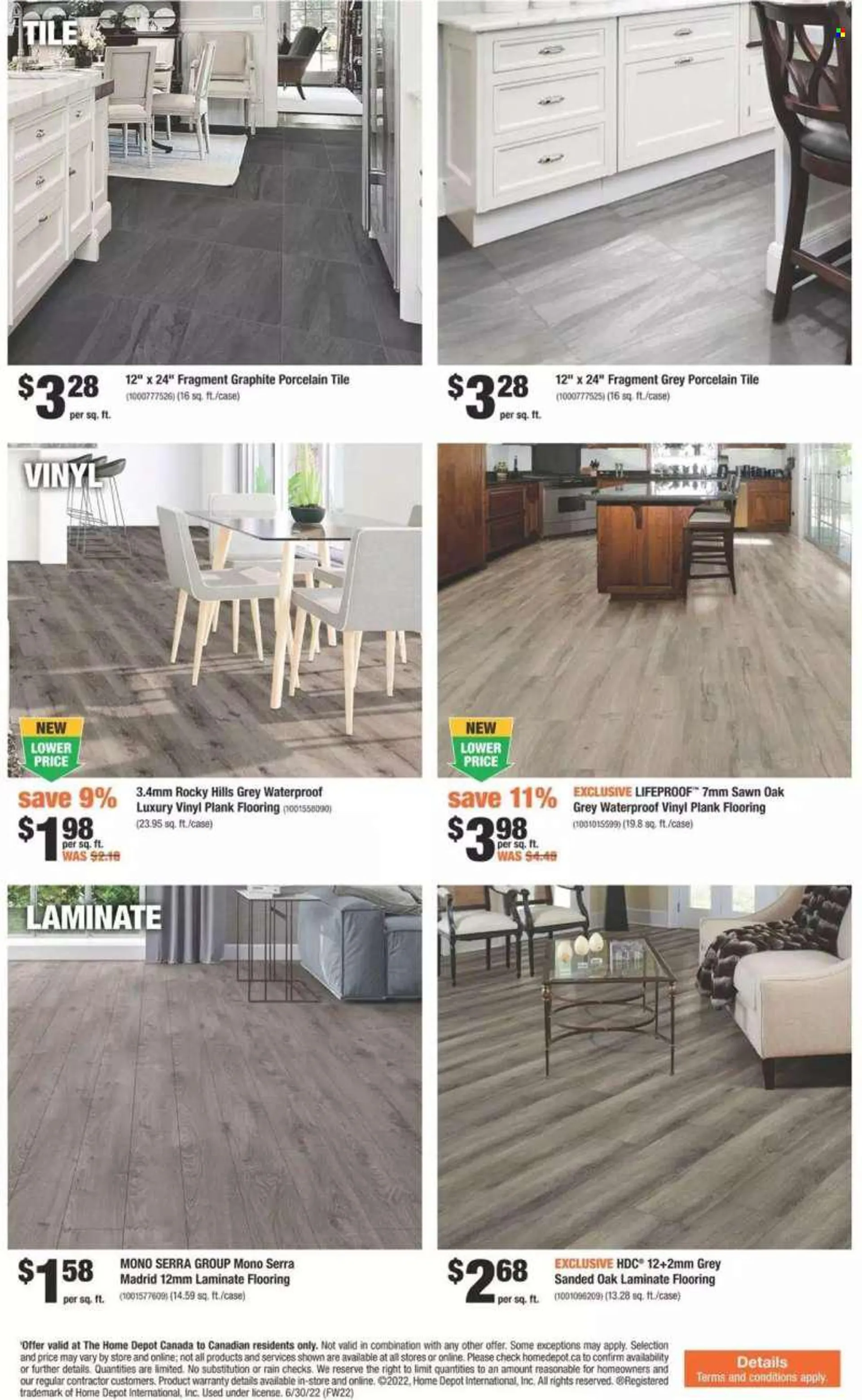 The Home Depot Flyer - June 30, 2022 - July 06, 2022 - Sales products - flooring, laminate floor, vinyl, porcelain tile. Page 19.