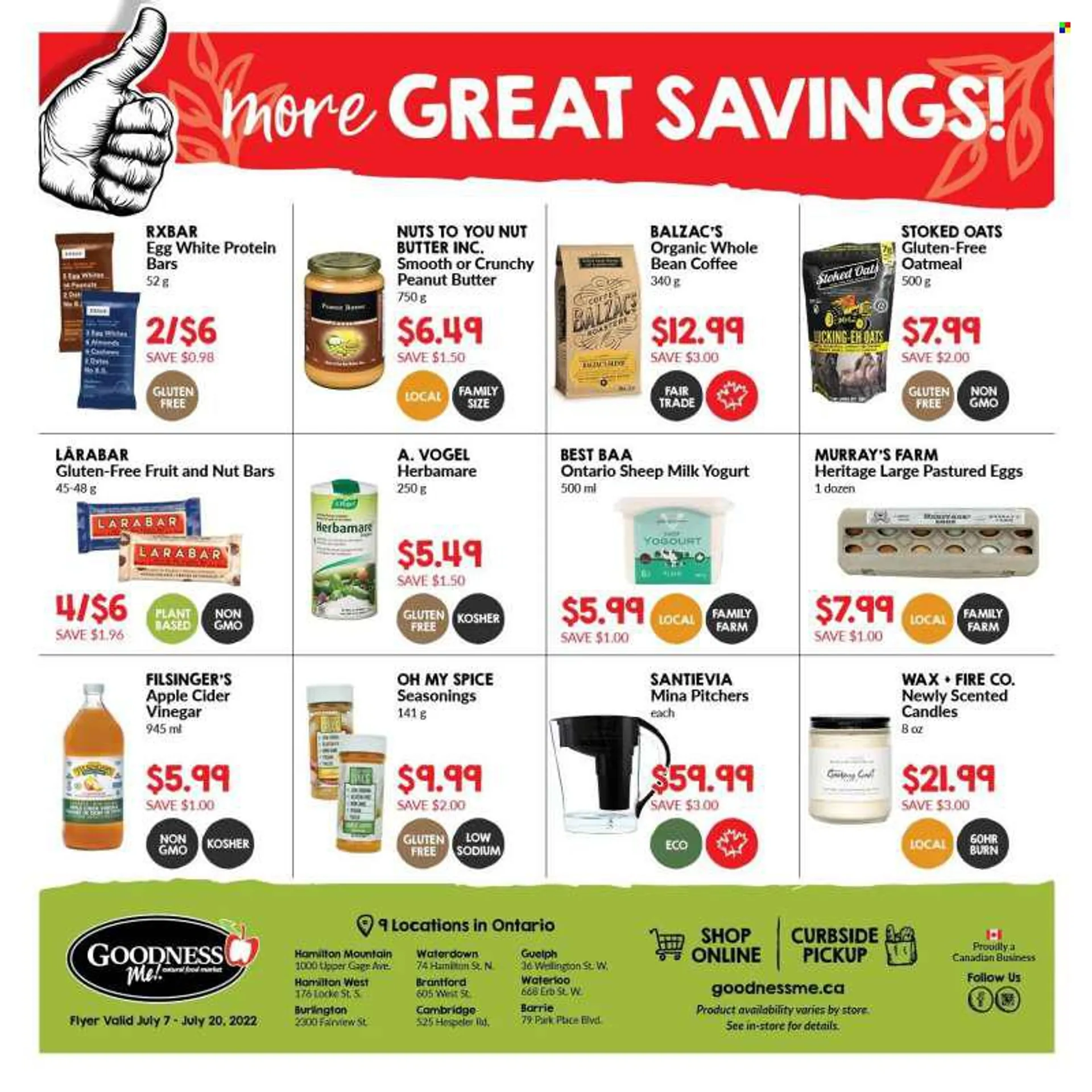 Goodness Me Flyer - July 07, 2022 - July 20, 2022 - Sales products - yoghurt, milk, eggs, oatmeal, oats, protein bar, nut bar, spice, apple cider vinegar, vinegar, peanut butter, nut butter, peanuts, nuts, coffee, candle. Page 16.