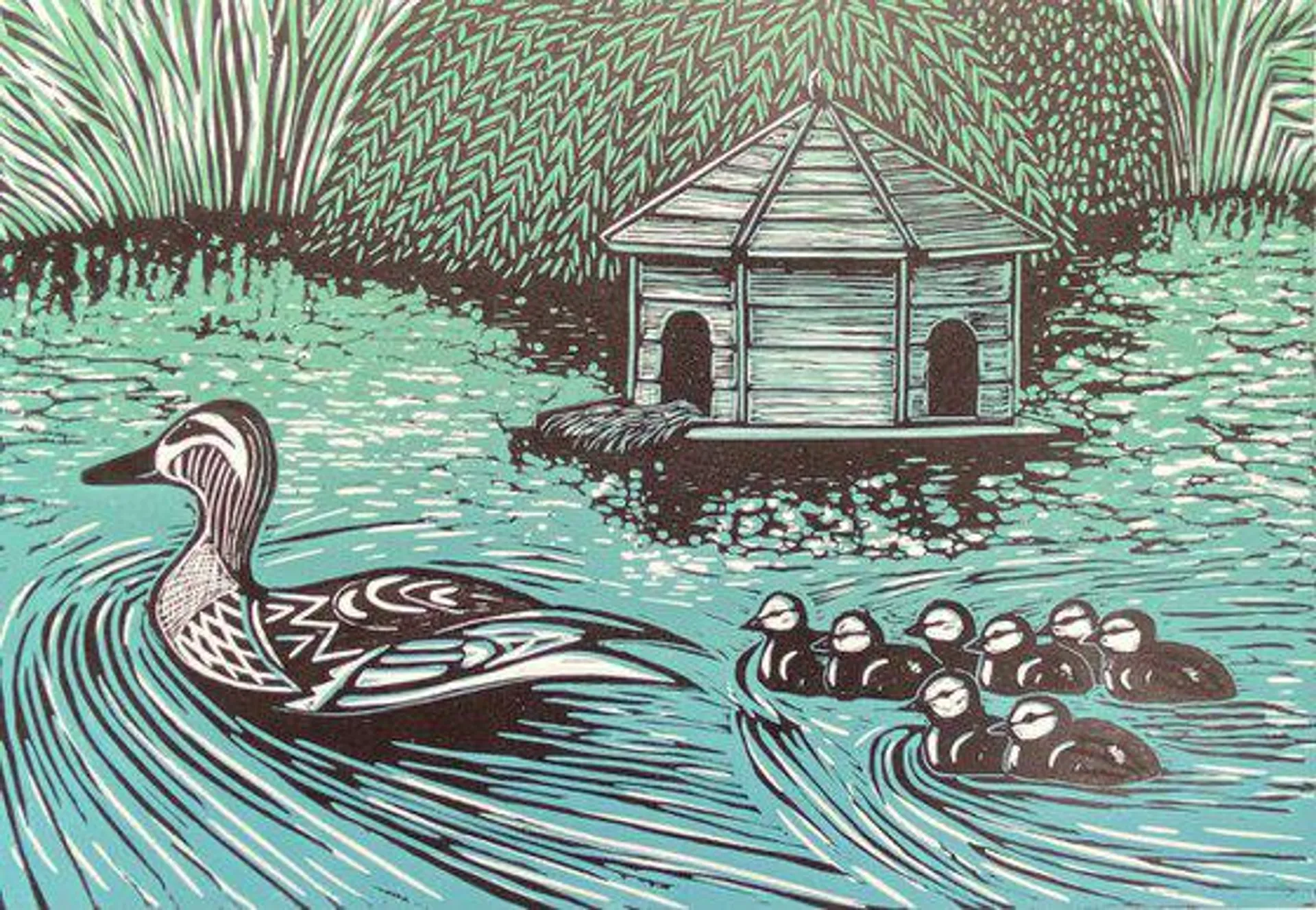 Limited edition handmade linocut. The Duck Pond 15/45.