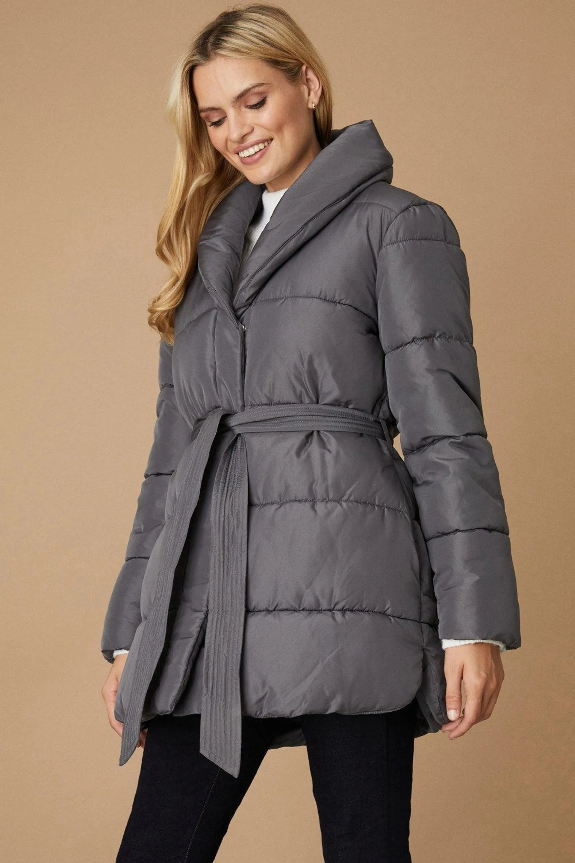 Shawl Neck Belted Puffer Coat