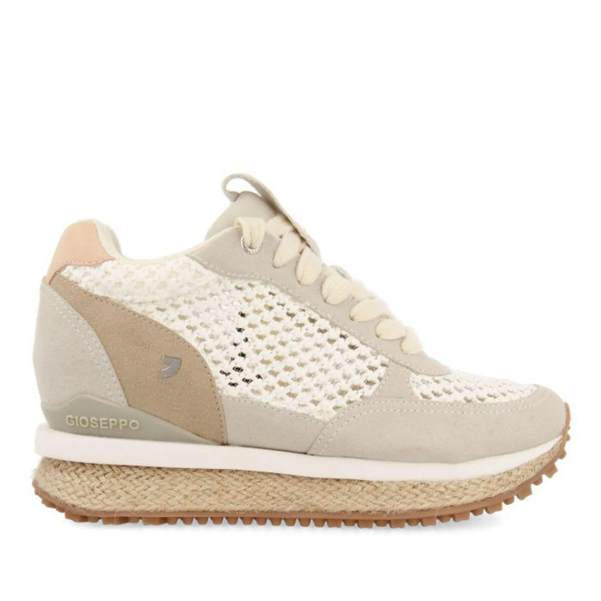Teyran women's white mesh sneakers in raffia and jute with inner wedges