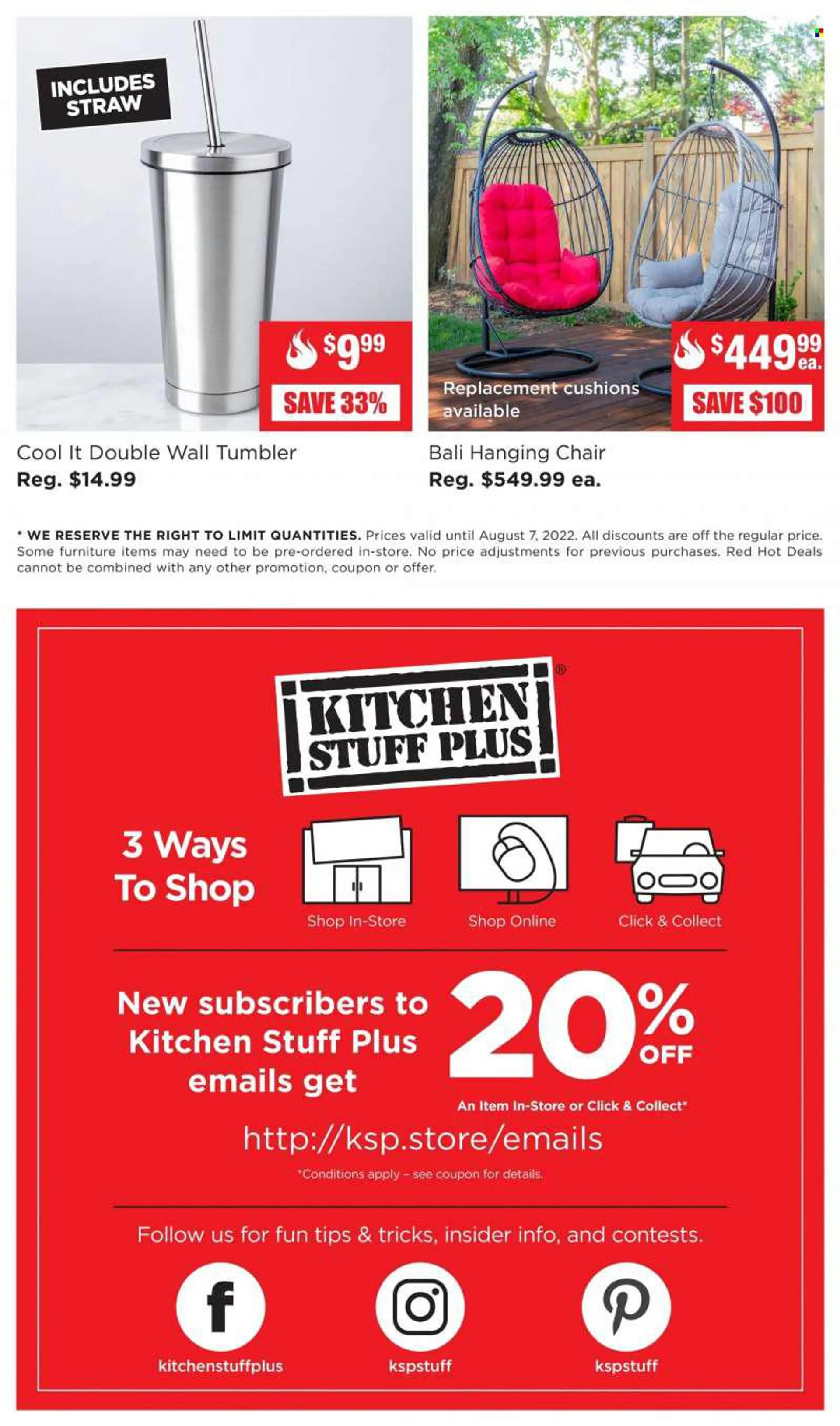 Kitchen Stuff Plus Flyer - August 02, 2022 - August 07, 2022 - Sales products - tumbler, straw, cushion, chair. Page 6.