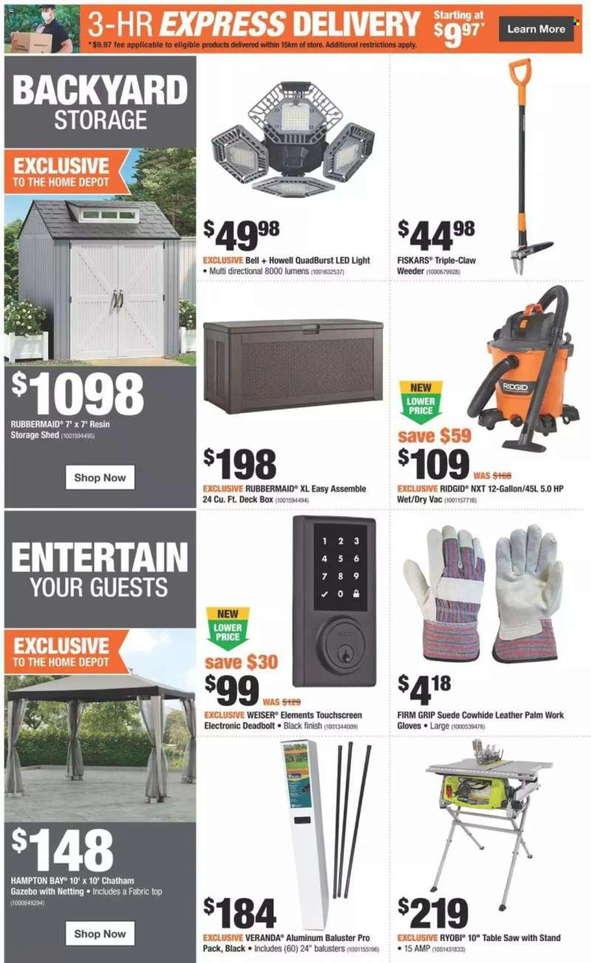 The Home Depot Flyer - June 30, 2022 - July 06, 2022 - Sales products - Fiskars, vacuum cleaner, table, LED light, electronic deadbolt, Ridgid, Ryobi, saw, table saw, work gloves, storage shed, gazebo, shed. Page 4.