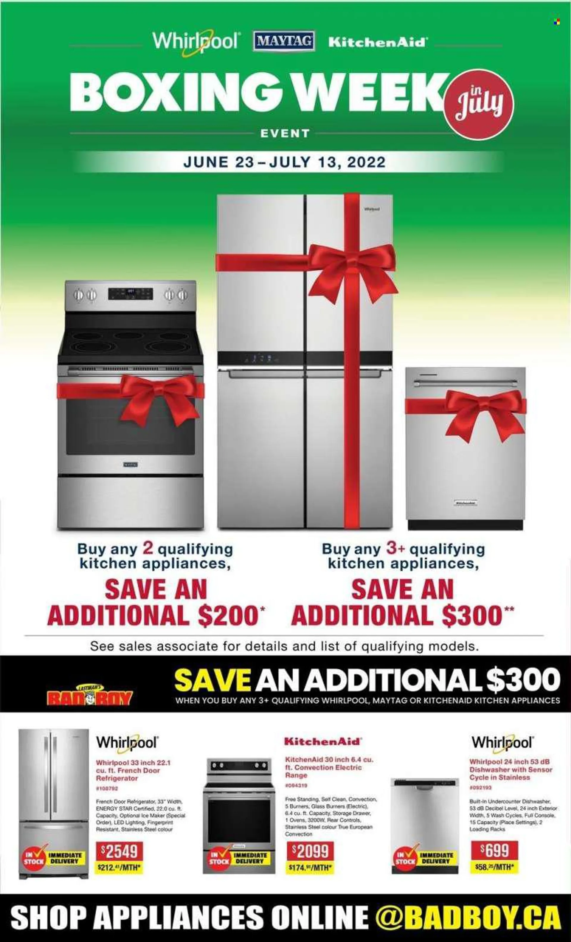 Bad Boy Superstore Flyer - June 27, 2022 - July 13, 2022 - Sales products - KitchenAid, Whirlpool, french door refrigerator, refrigerator, ice maker, electric range, dishwasher, Maytag. Page 4.