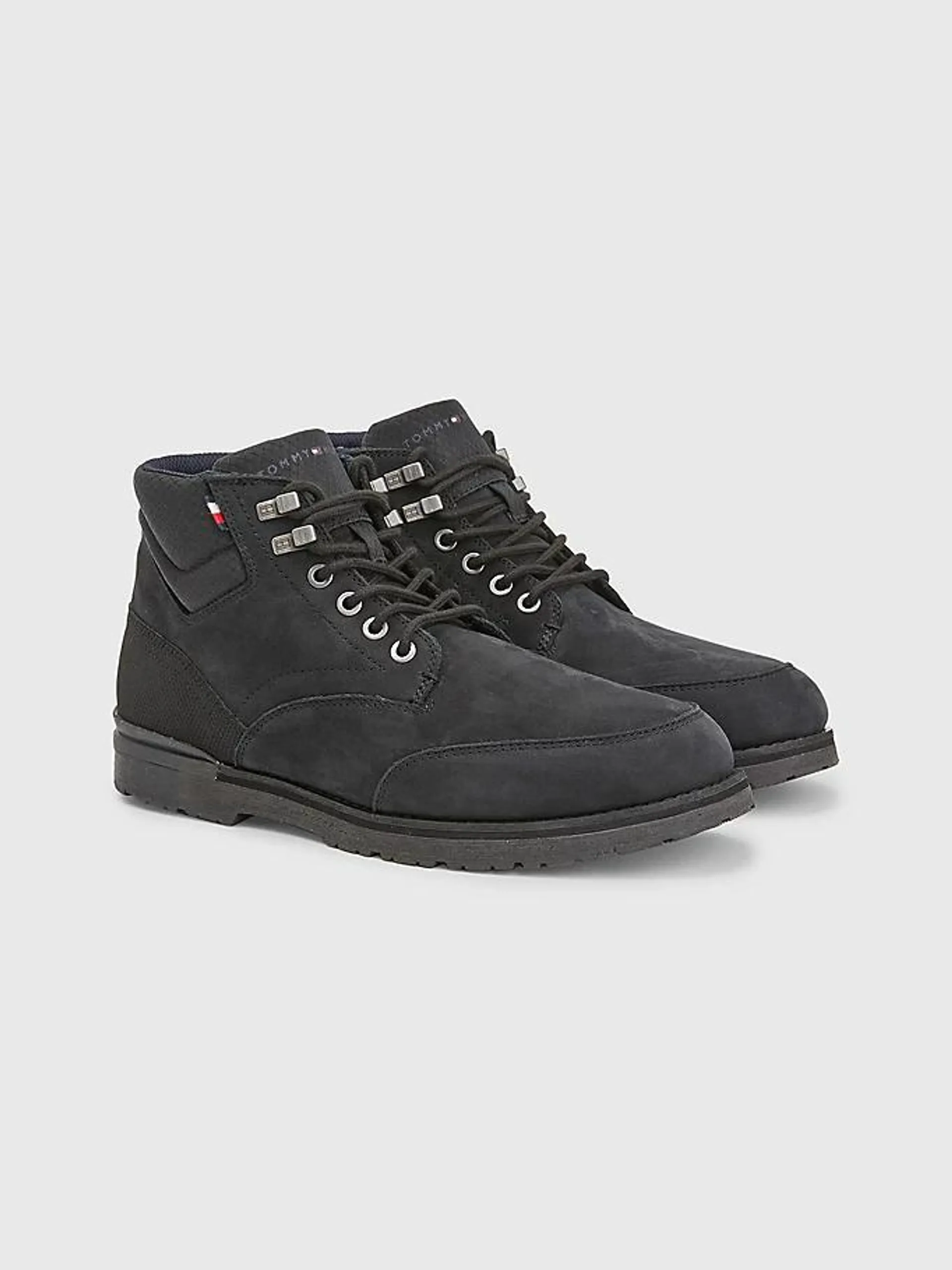 Nubuck Leather Mixed Texture Lace-Up Boots