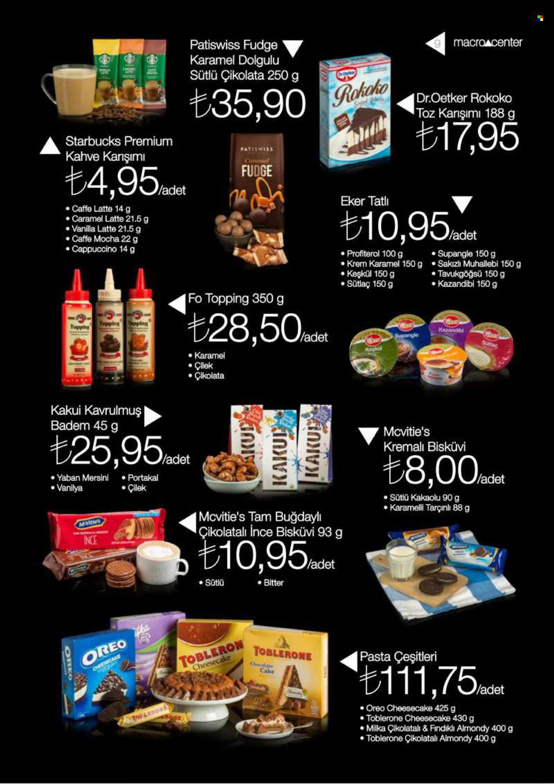 Macrocenter aktüel ürünler, broşür  - 7.1.2022 - 7.31.2022 - Satıştaki ürünler - çikolata, starbucks, portakal, cappuccino, çilek, eker, vanilya, kahve. Sayfa 9.