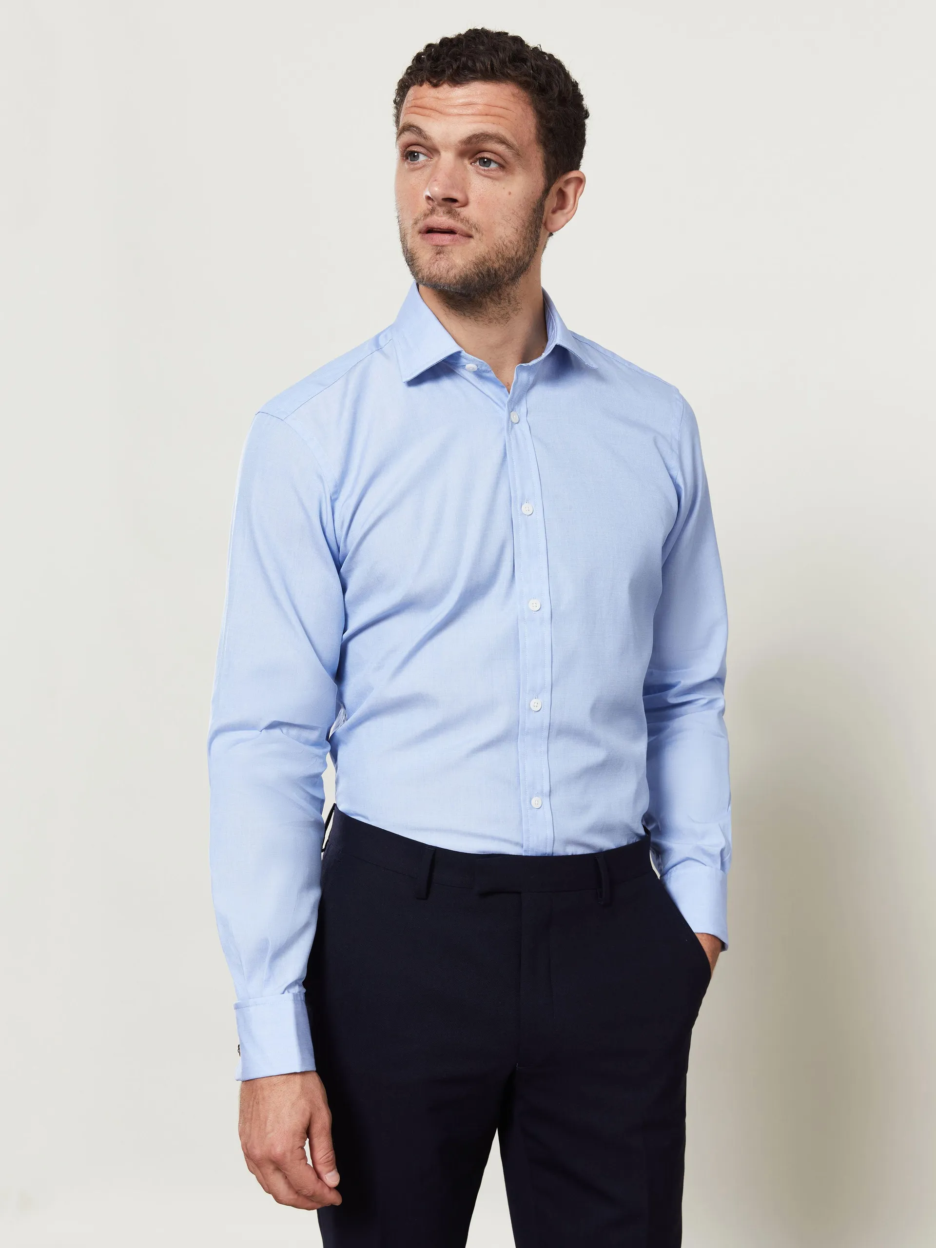 Slim Fit Blue End-on-End Double Cuff Shirt
