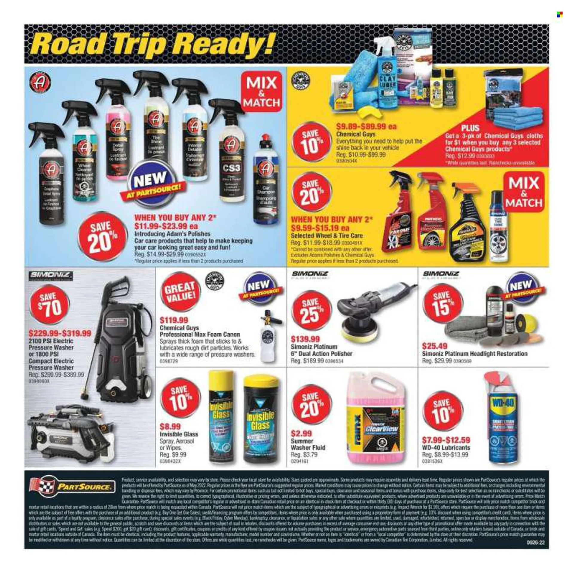 PartSource Flyer - June 24, 2022 - June 29, 2022 - Sales products - wrench, electric pressure washer, headlamp, WD-40, cleaner, car shampoo, tyre shine, washer fluid, Canon, shampoo. Page 2.