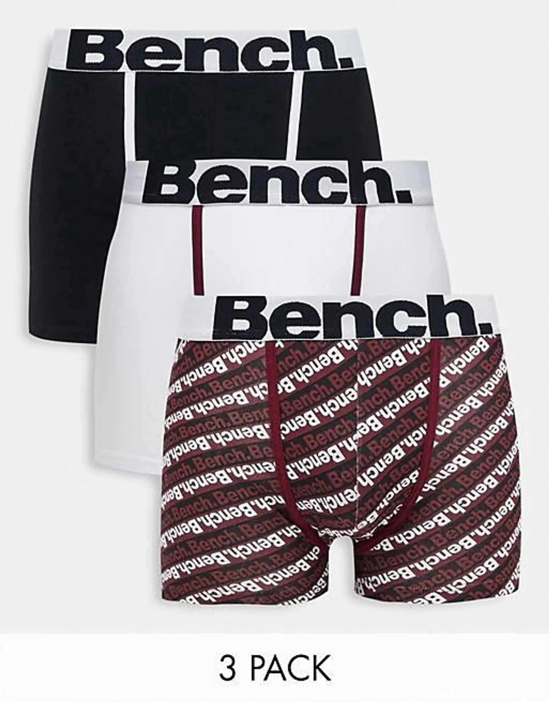 Bench 3 pack oversized logo boxers in red and black and burgundy