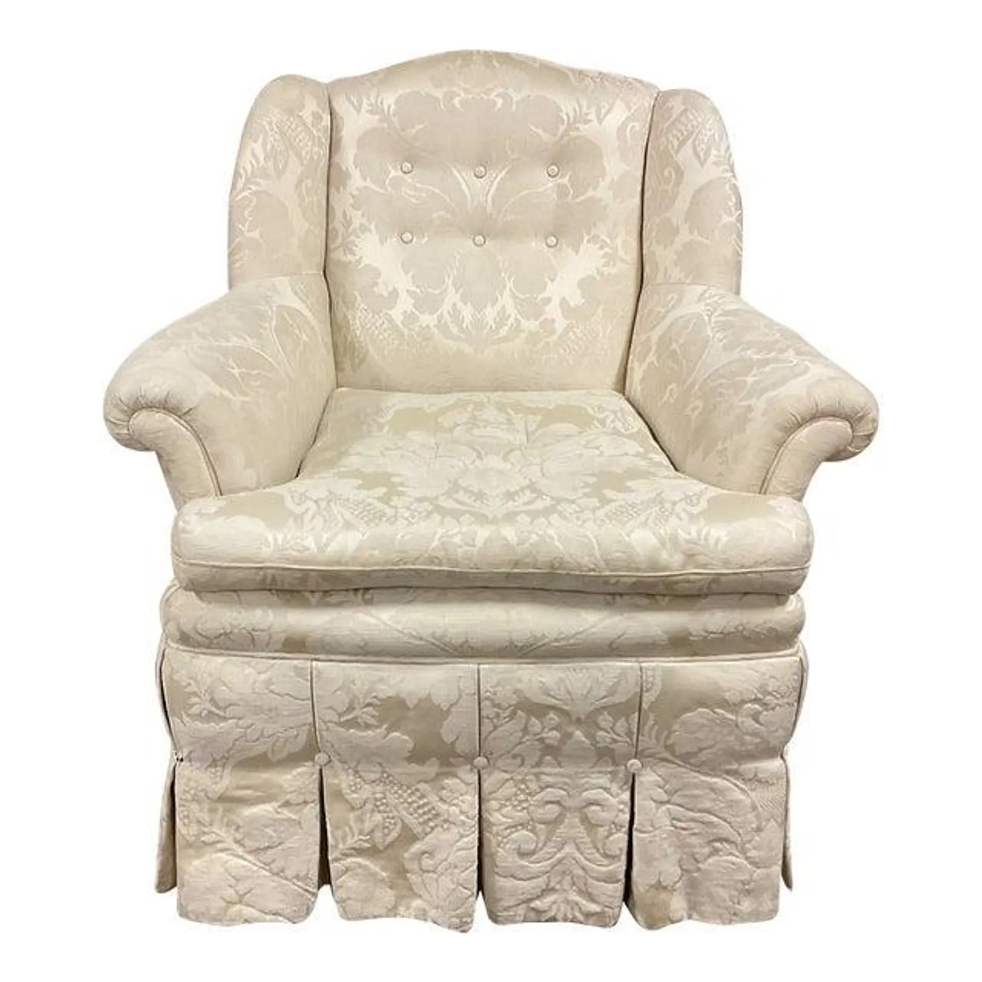 1980s Baker Furniture Ivory Damask Silk Side Club Chair.