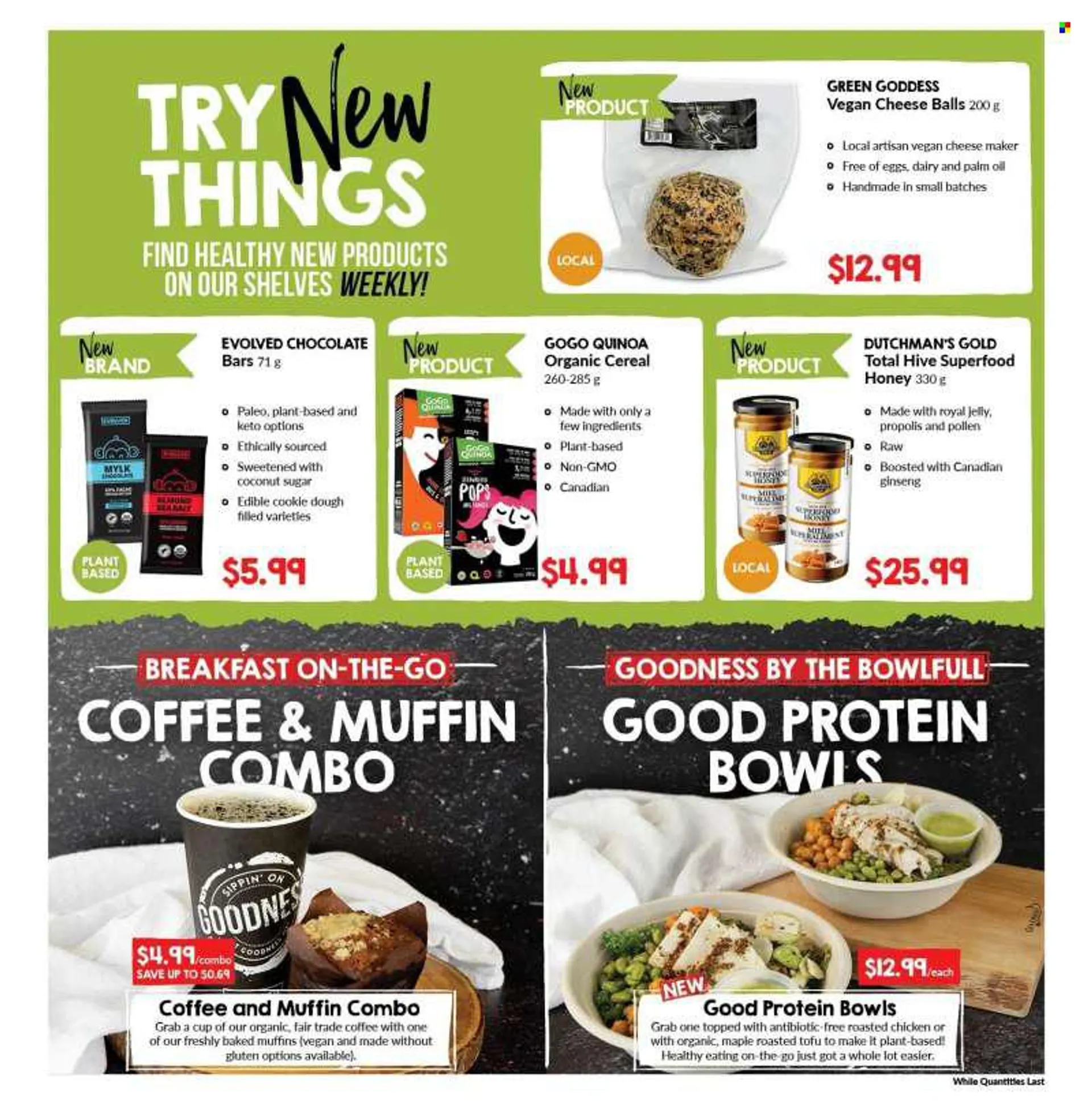 Goodness Me Flyer - July 07, 2022 - July 20, 2022 - Sales products - muffin, chicken roast, cheese, tofu, eggs, cookie dough, chocolate bar, sugar, coconut sugar, sea salt, cereals, palm oil, oil, honey, coffee, royal jelly, ginseng, quinoa. Page 2.