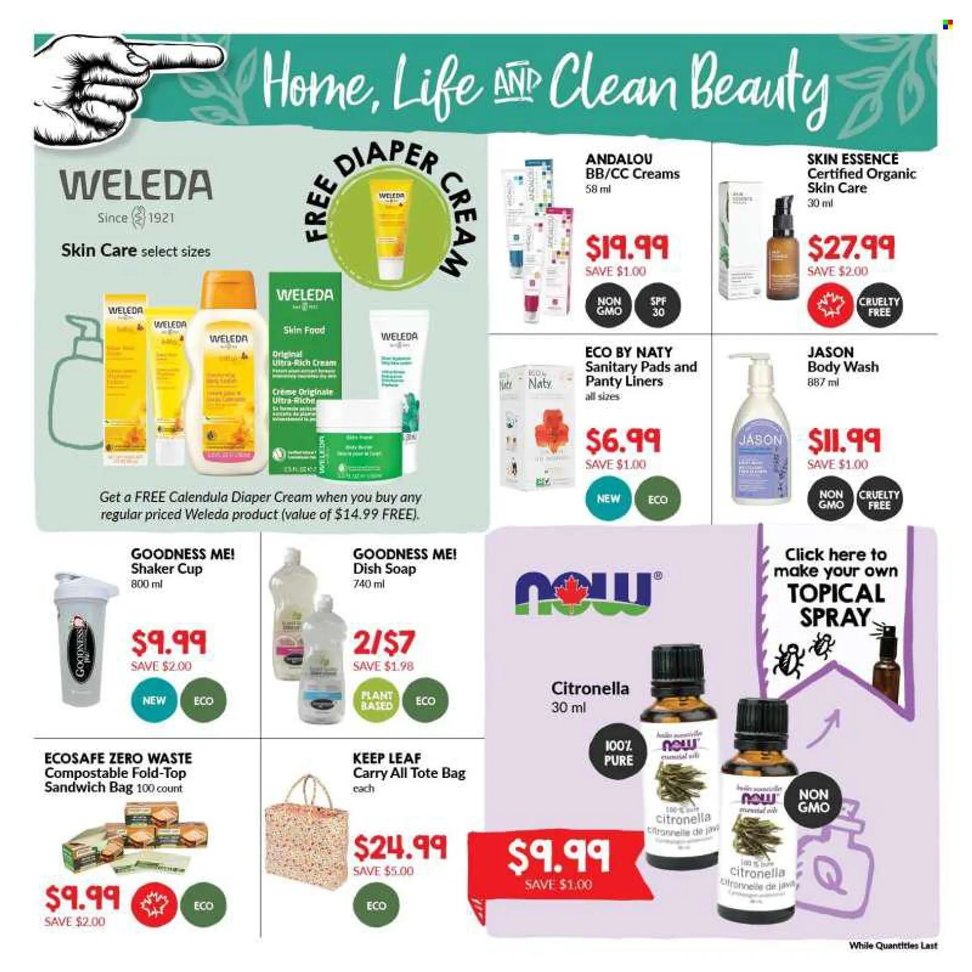 Goodness Me Flyer - July 21, 2022 - August 03, 2022 - Sales products - dishwashing liquid, body wash, soap, sanitary pads, body butter, body lotion, sandwich bag, shaker, cup, essential oils. Page 14.
