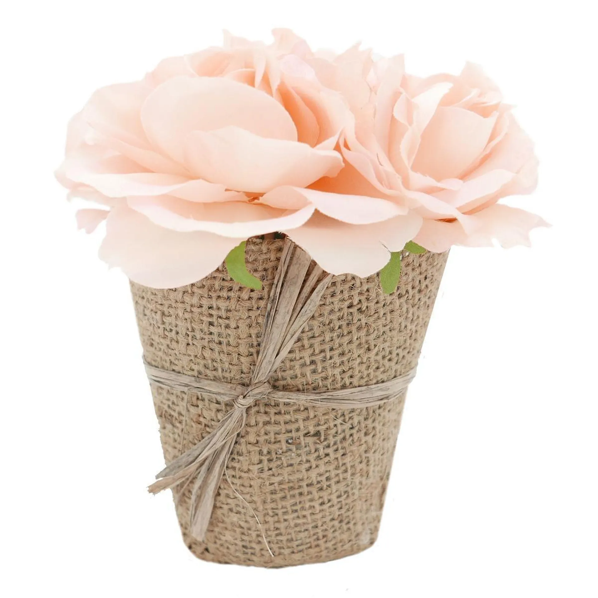 Centre de table Roses en pot jute - H 16 cm - Rose, Blanc