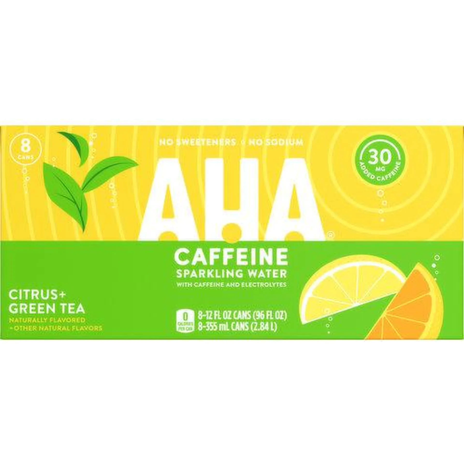 AHA Sparkling Water, Caffeine, Citrus + Green Tea, 8 Pack, 8 Each