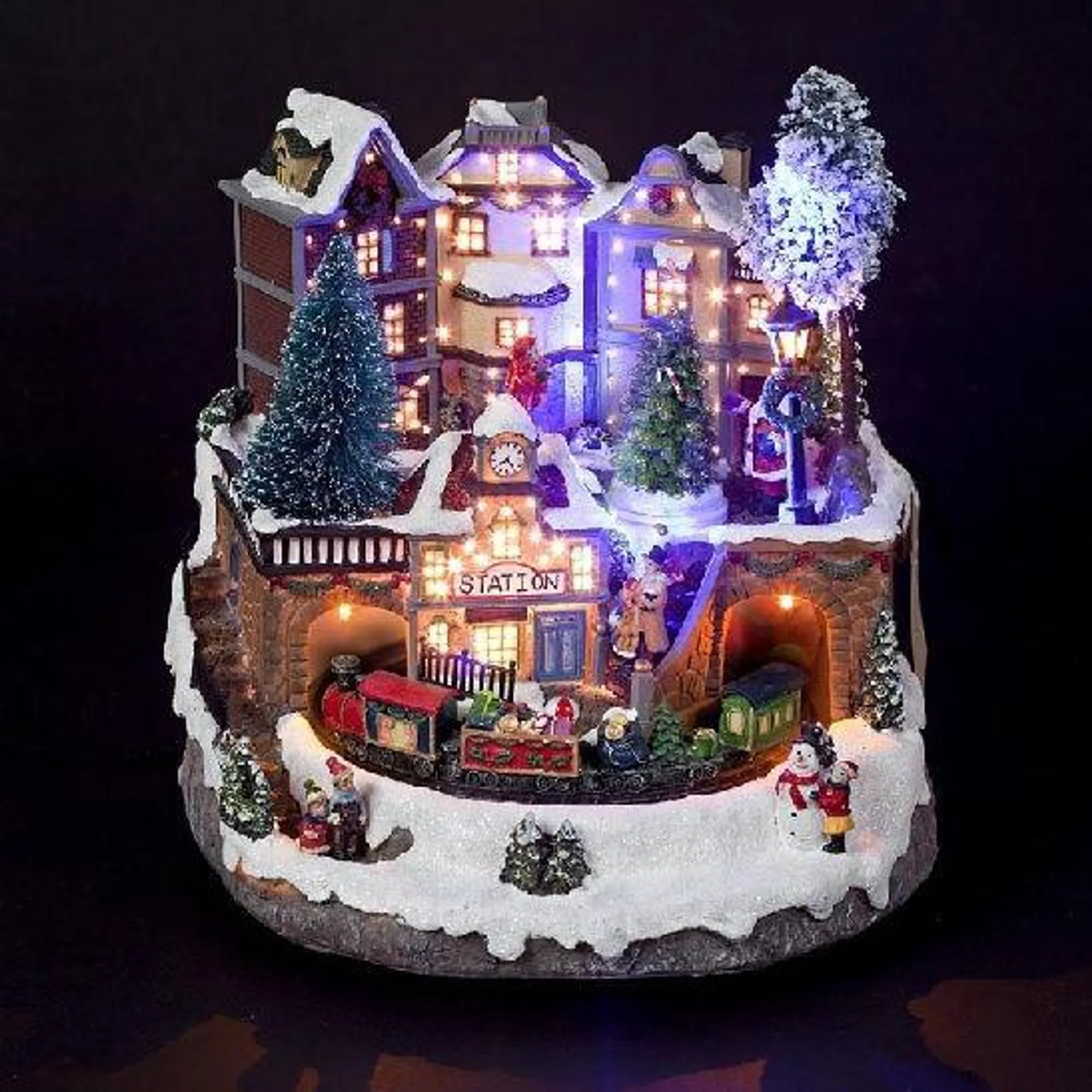 Fibre Optic 23cm Christmas Town Scene with Music and Turning Train