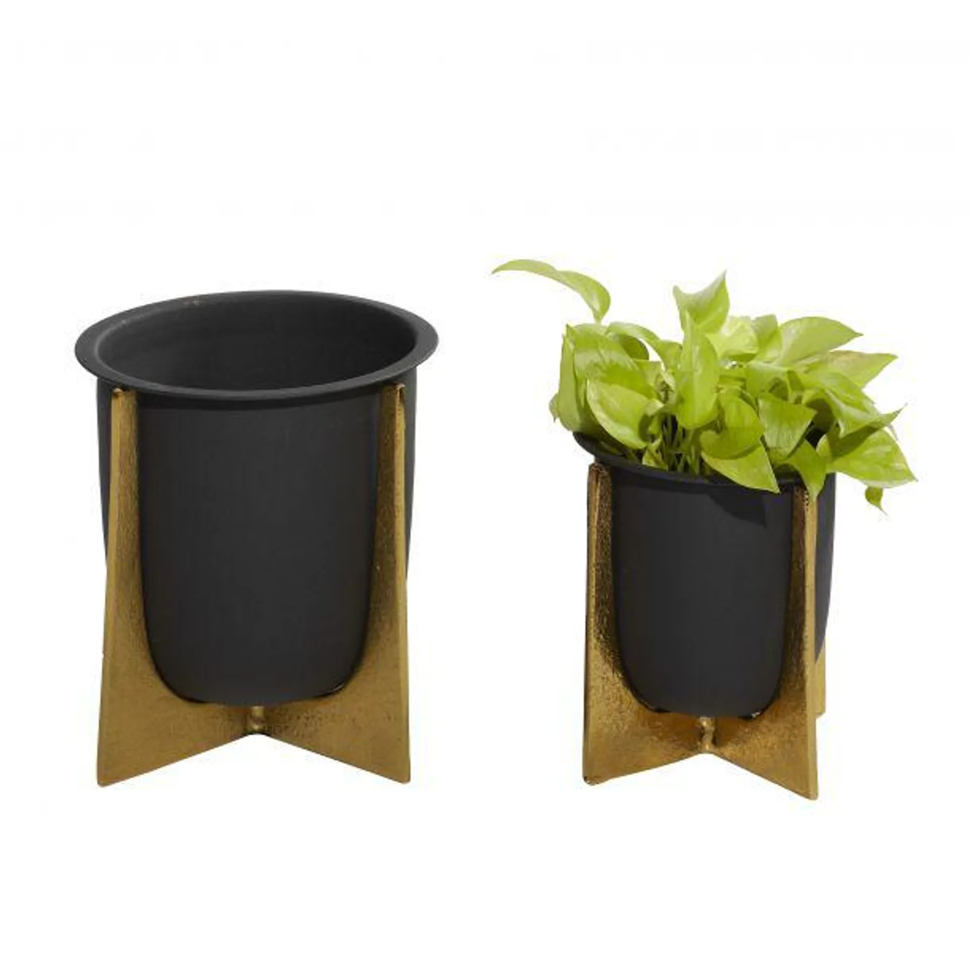 Set of 2 Black Aluminum Glam Planter, 9", 7"