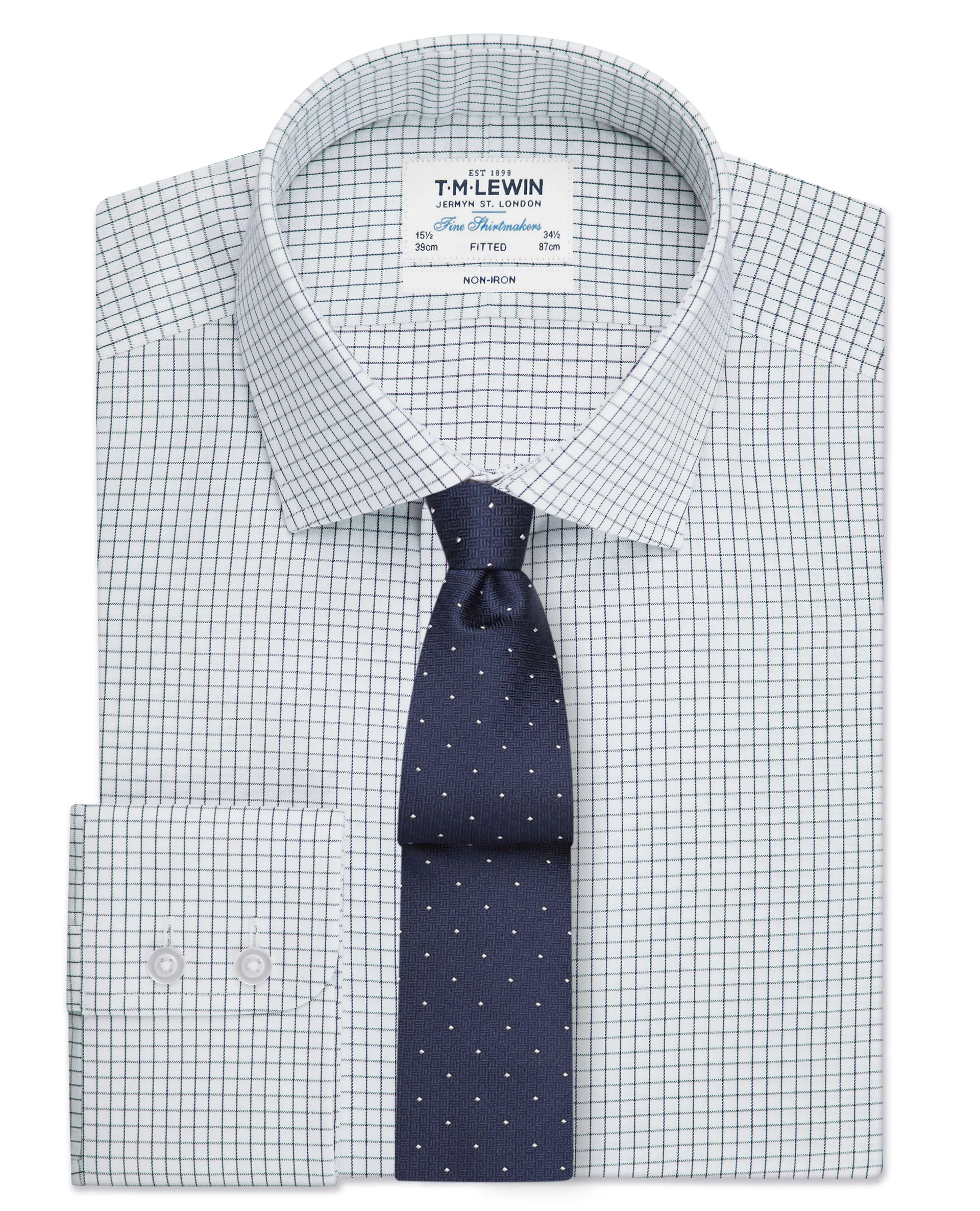 Non-Iron Fitted Navy Check Single Cuff Shirt