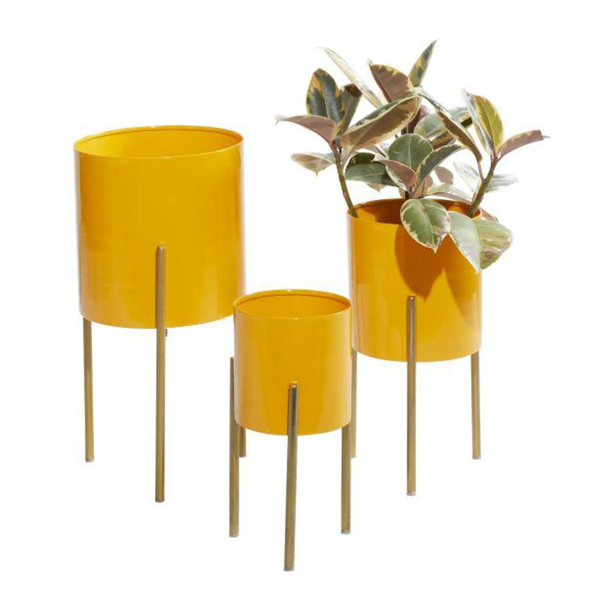 Set of 3 Yellow Metal Contemporary Planter, 12", 14", 18"