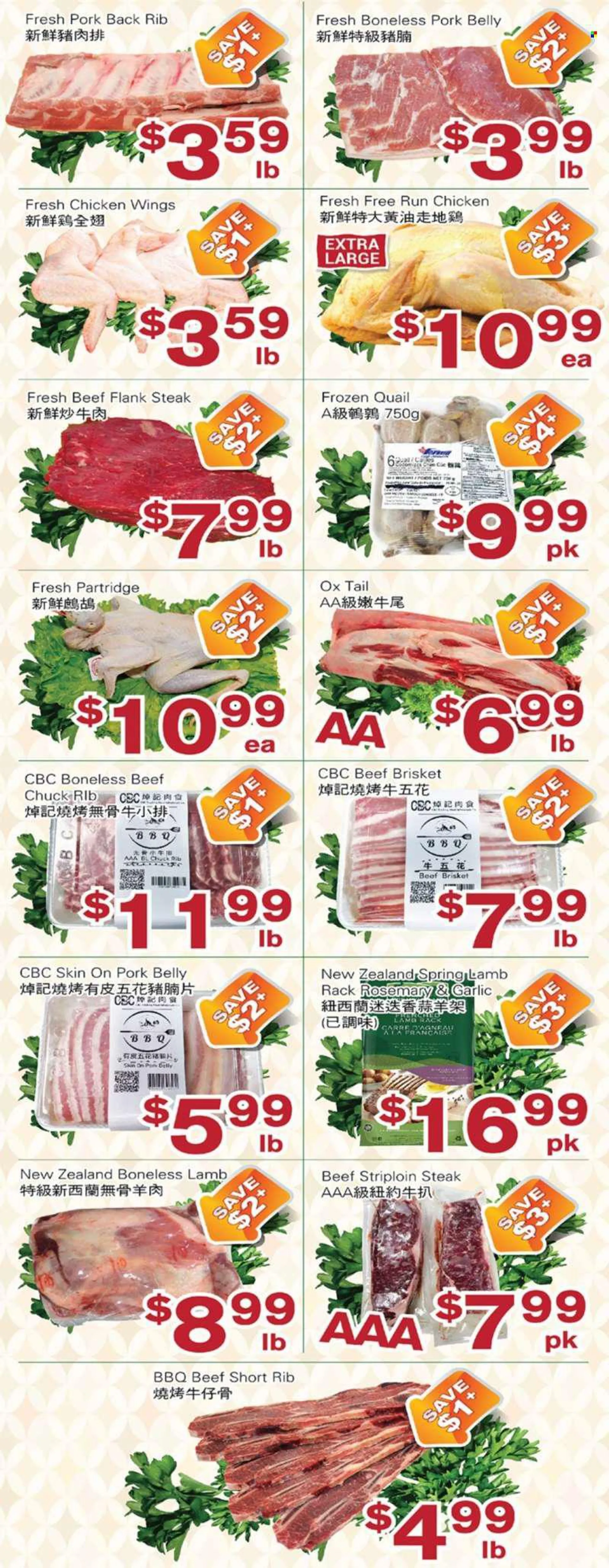 First Choice Supermarket Flyer - July 22, 2022 - July 28, 2022 - Sales products - chicken wings, rosemary, quail, beef meat, striploin steak, beef brisket, flank steak, pork belly, pork meat, steak. Page 2.