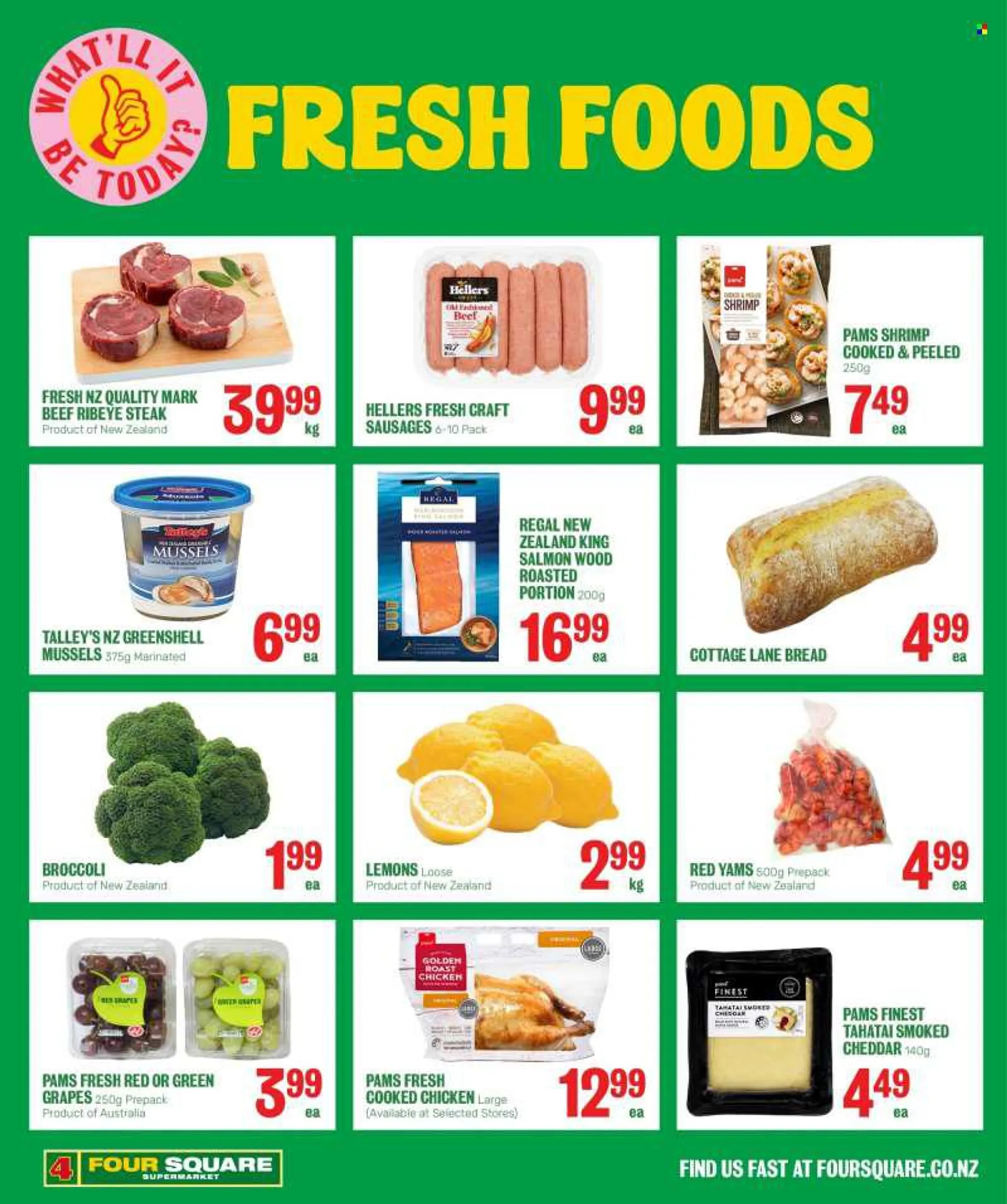 Four Square mailer - 13.06.2022 - 26.06.2022 - Sales products - bread, broccoli, grapes, lemons, mussel, salmon, shrimps, chicken roast, sausage, cheddar, cheese, beef meat, beef steak, steak, rib eye, ribeye steak. Page 2.