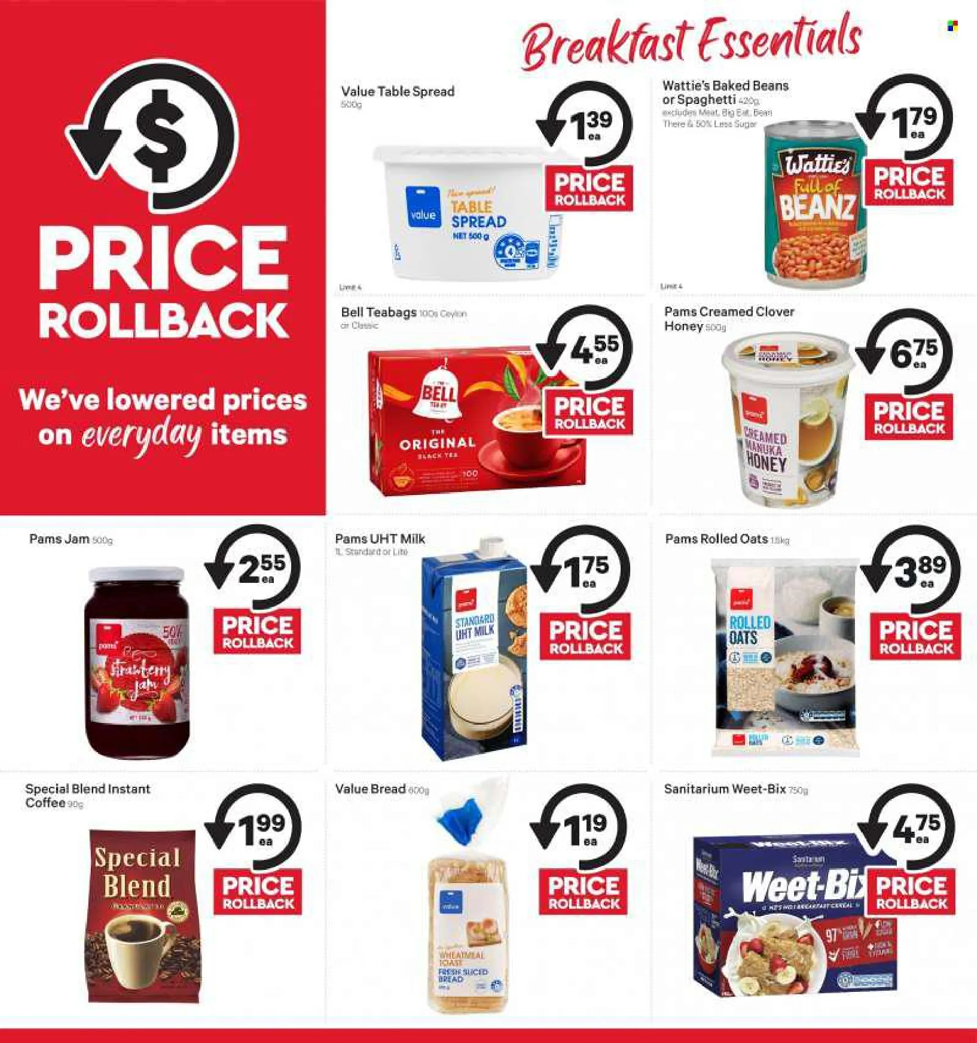 New World mailer - 13.06.2022 - 19.06.2022 - Sales products - bread, sauce, Watties, milk, cereal bar, oats, baked beans, cereals, rolled oats, Weet-Bix, jam, Manuka Honey, tea, tea bags, instant coffee, essentials. Page 3.