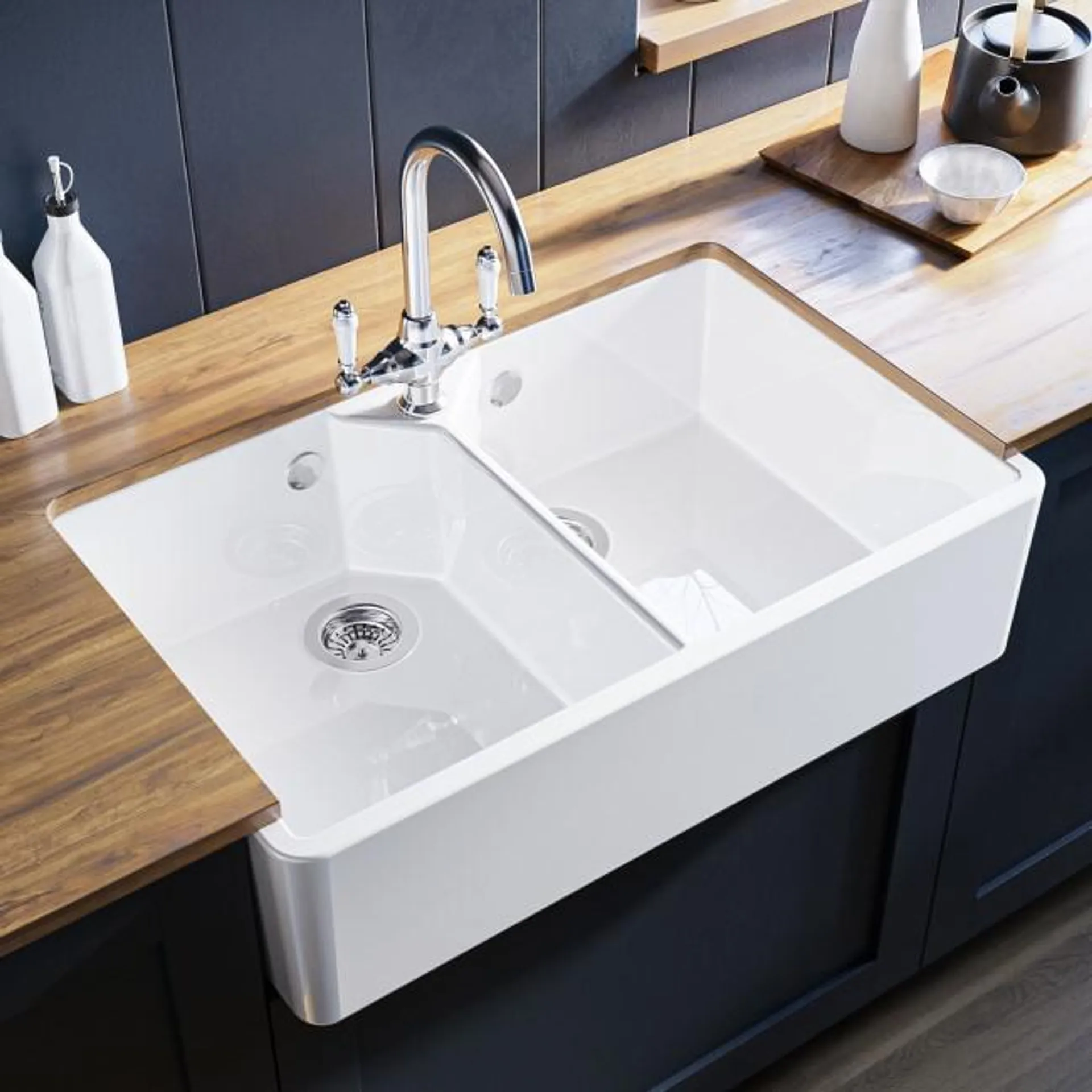 Double Bowl White Ceramic Kitchen Sink - Taylor & Moore Ada