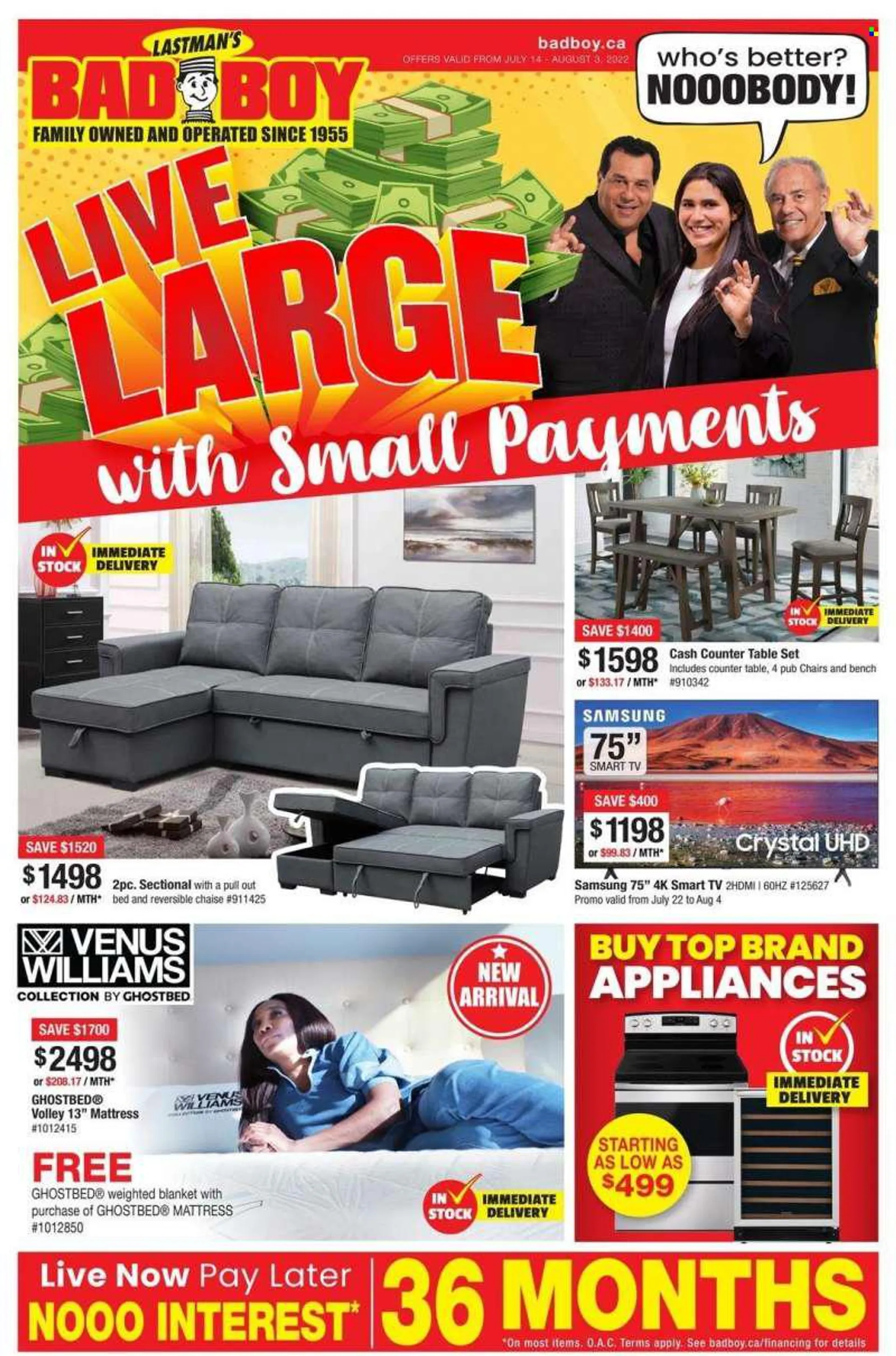 Bad Boy Superstore Flyer - July 14, 2022 - August 03, 2022 - Sales products - chair, blanket, Samsung, TV, weighted blanket, table, table set, bed, mattress, smart tv. Page 1.