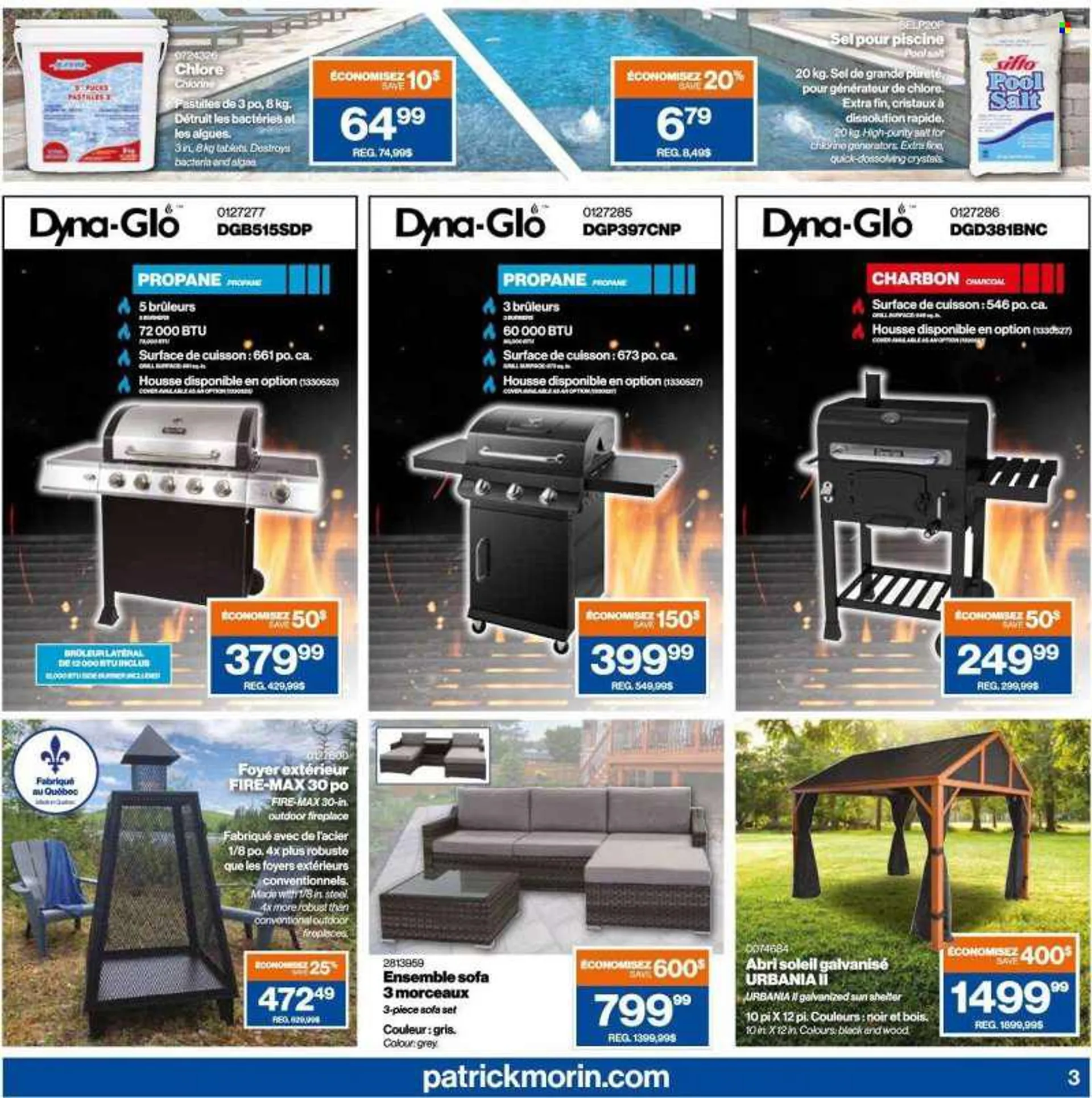 Patrick Morin Flyer - June 30, 2022 - July 06, 2022 - Sales products - 3-piece sectional, sofa, fireplace, grill, pool salt. Page 3.