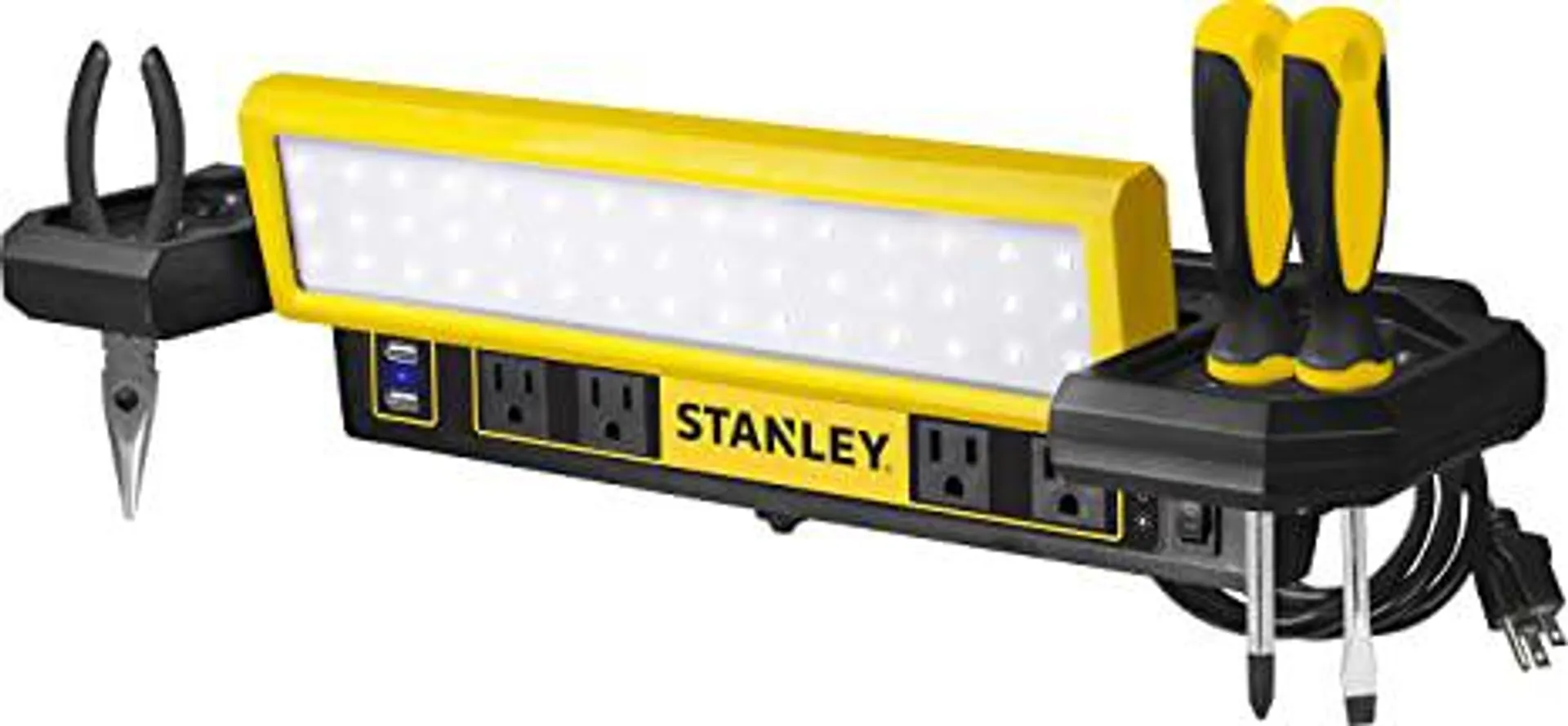 STANLEY PSL1000S Adjustable 45 COB LED Workbench Light with AC Power Outlets, Dual 2.1 Amp USB Charging Ports, and Tool Storage