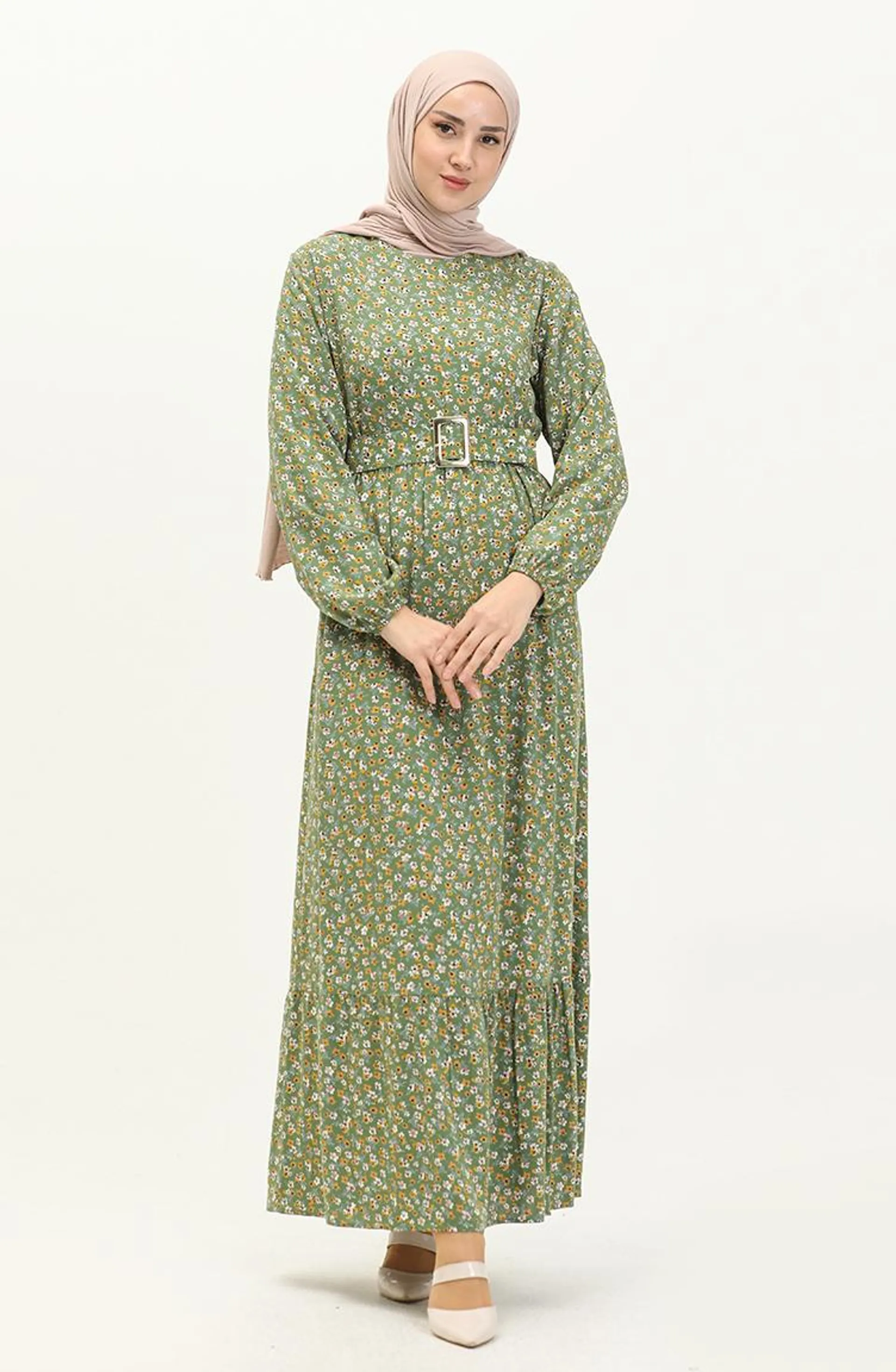 Floral Print Belted Dress 5060-04 Khaki 5060-04