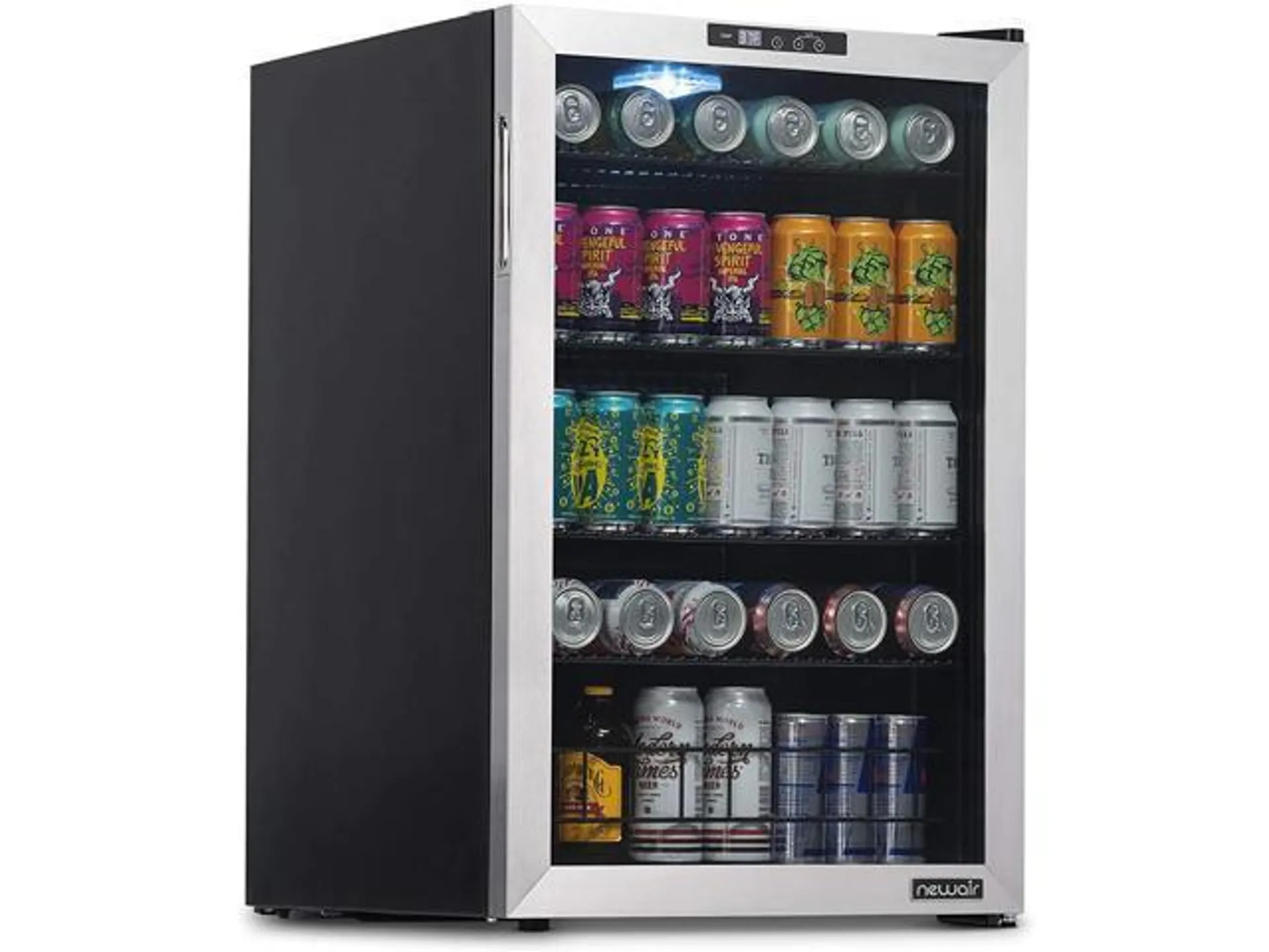 NewAir Beverage Refrigerator And Cooler, Free Standing Glass Door Refrigerator Holds Up To 160 Cans, Cools Down To 37 Degrees Perfect Beverage Organizer For Beer, Wine, And Cooler Drinks NBC160SS00