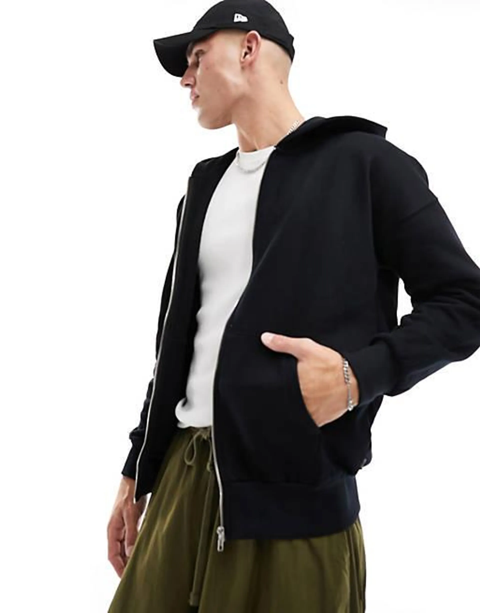 ONLY & SONS heavyweight zip through hoodie in black