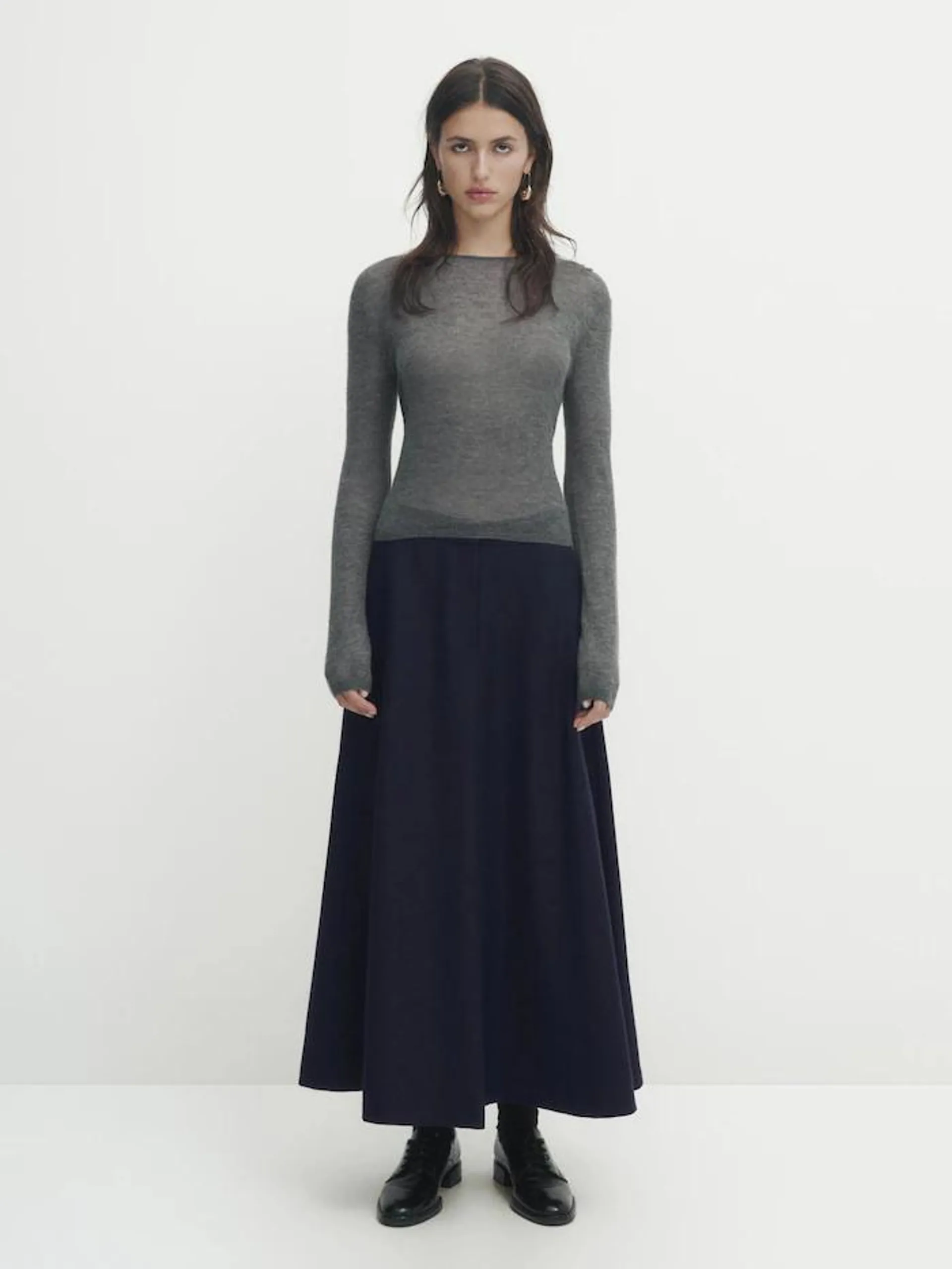 Navy blue wool blend flared midi skirt