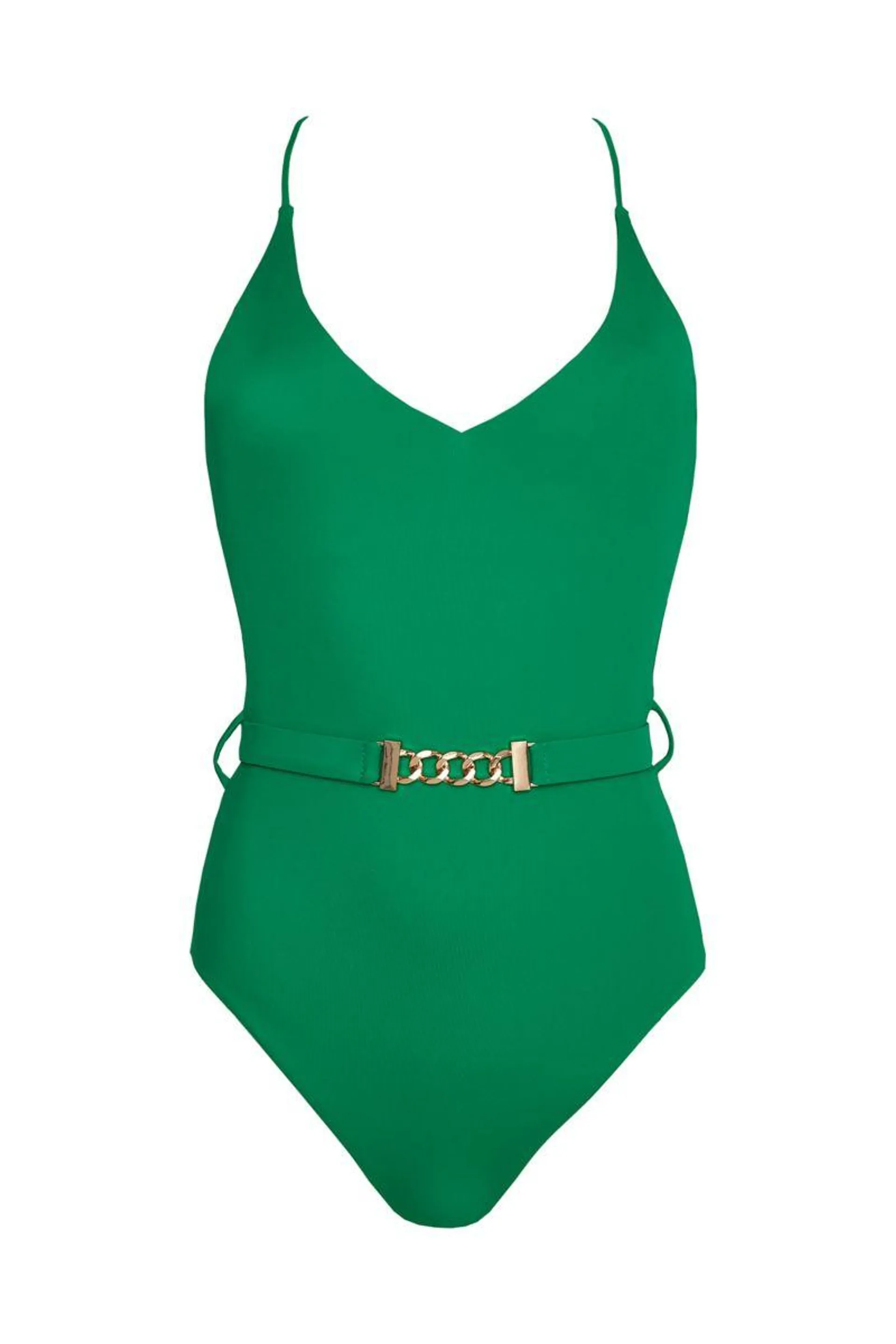 FASHION SOLIDS BELTED ONEPIECE SWIMSUIT