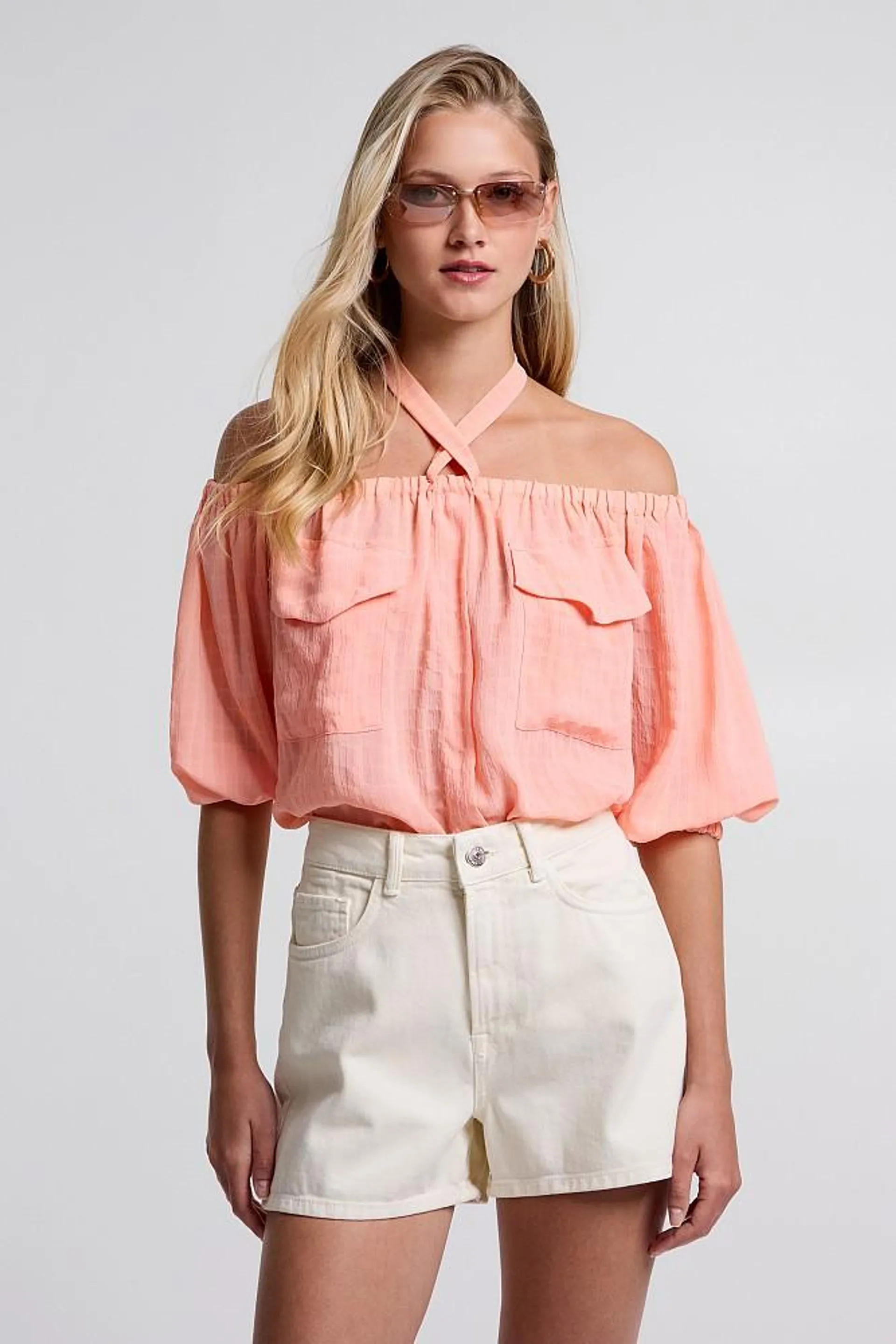 Off-shoulder in shirt style blouse