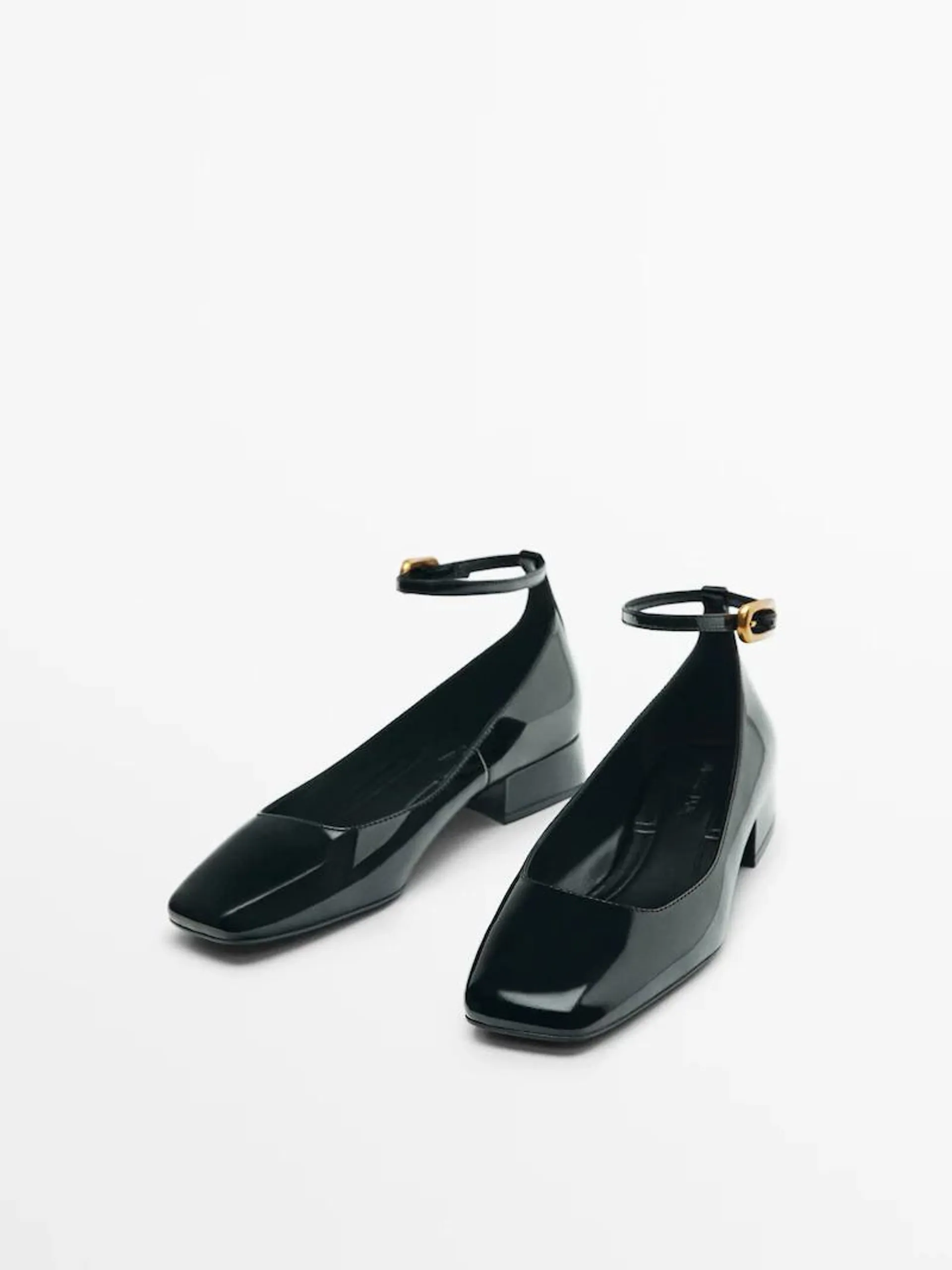 Patent finish ballerinas with buckled strap