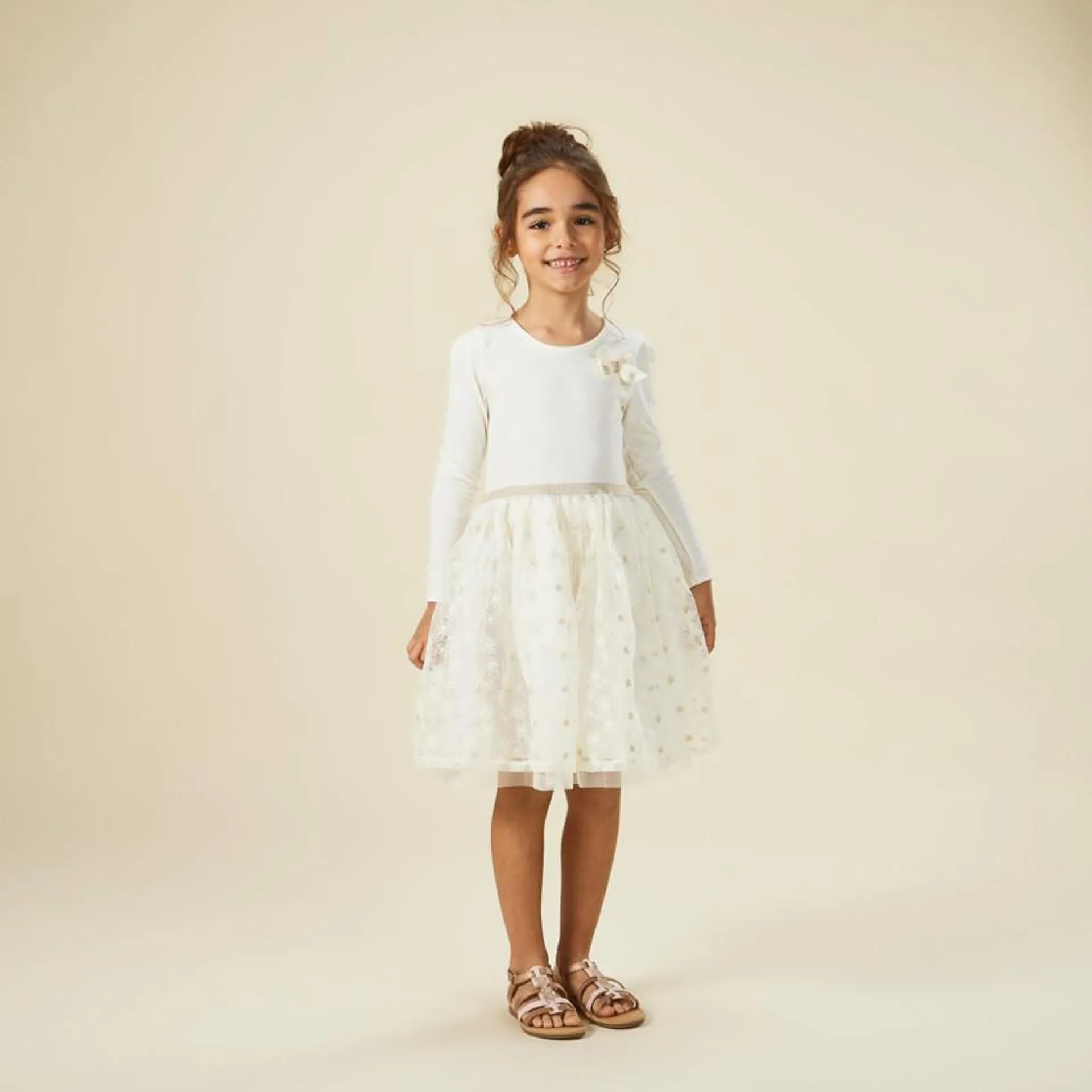 Robe de cérémonie manches longues effet 2 en 1 en tulle brodé pour fille