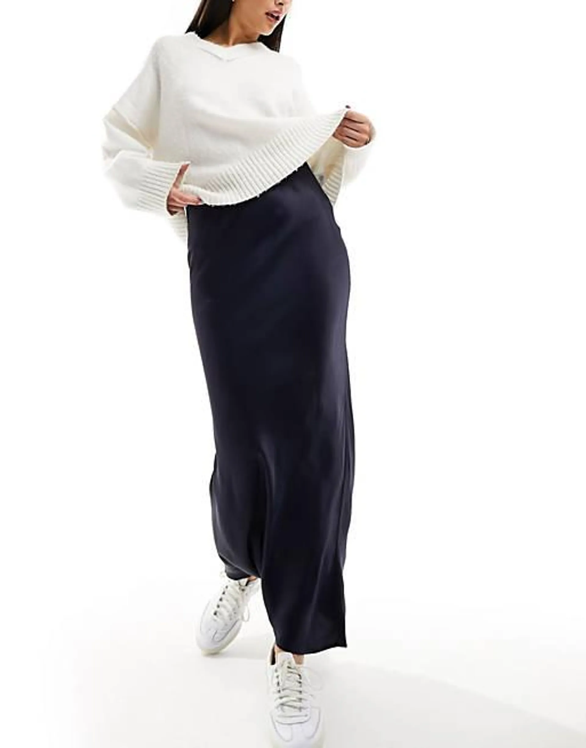 Stradivarius satin bias midi skirt in navy