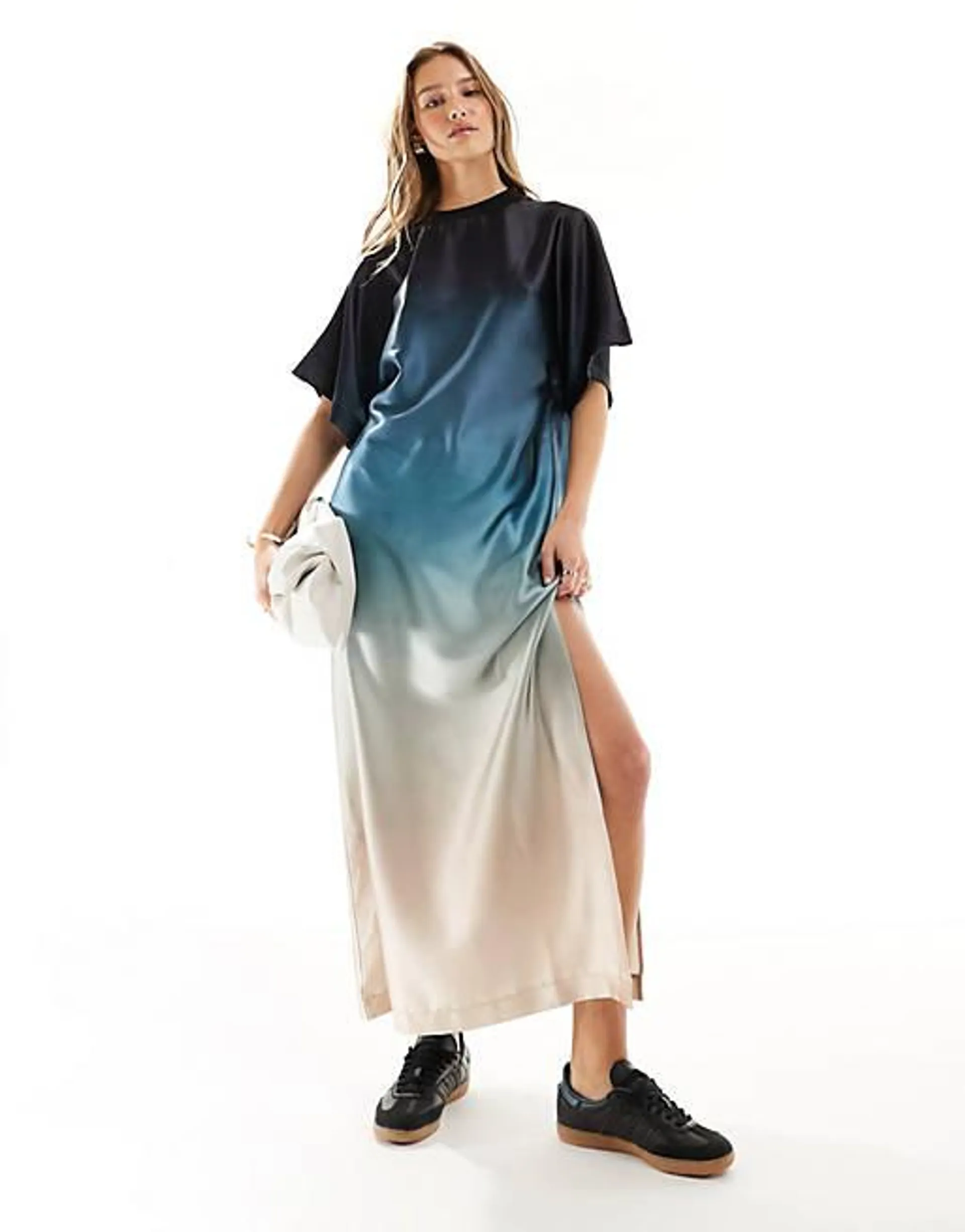 ASOS DESIGN satin oversized midi tshirt dress in blue ombre