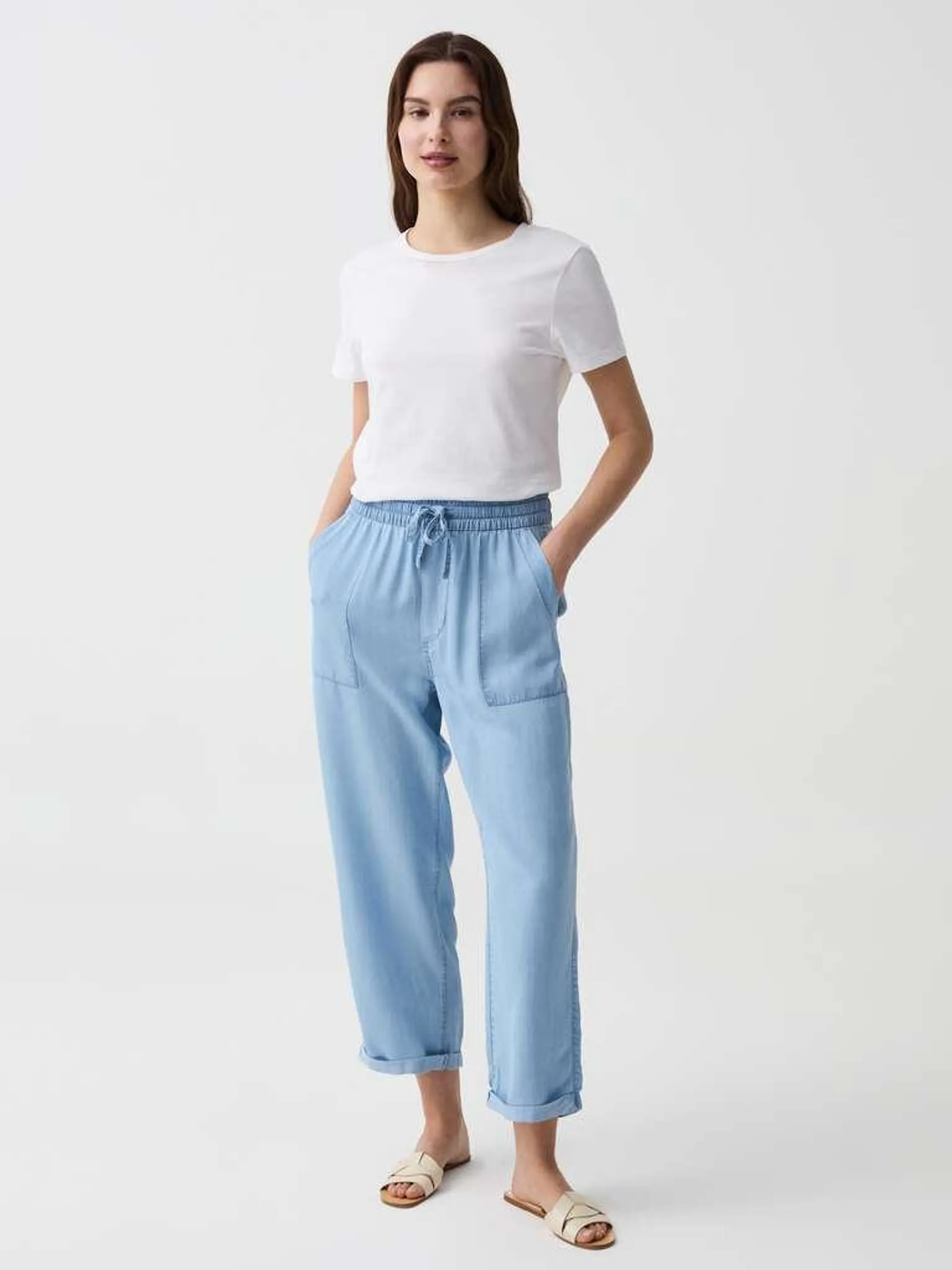 Soft Blue Wide-leg denim-effect joggers with turn-ups