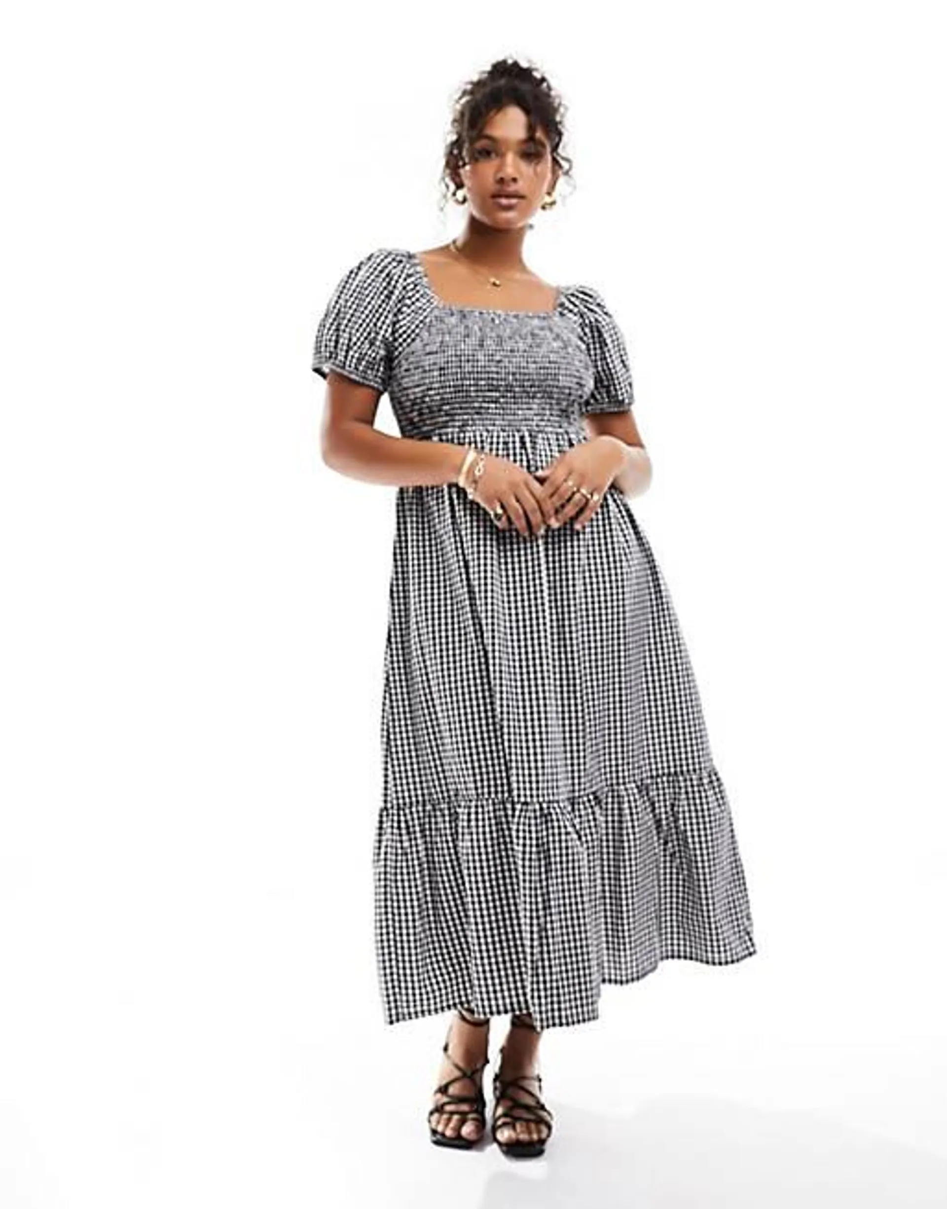 Esmee Plus beach puff sleeve ruched maxi dress in gingham