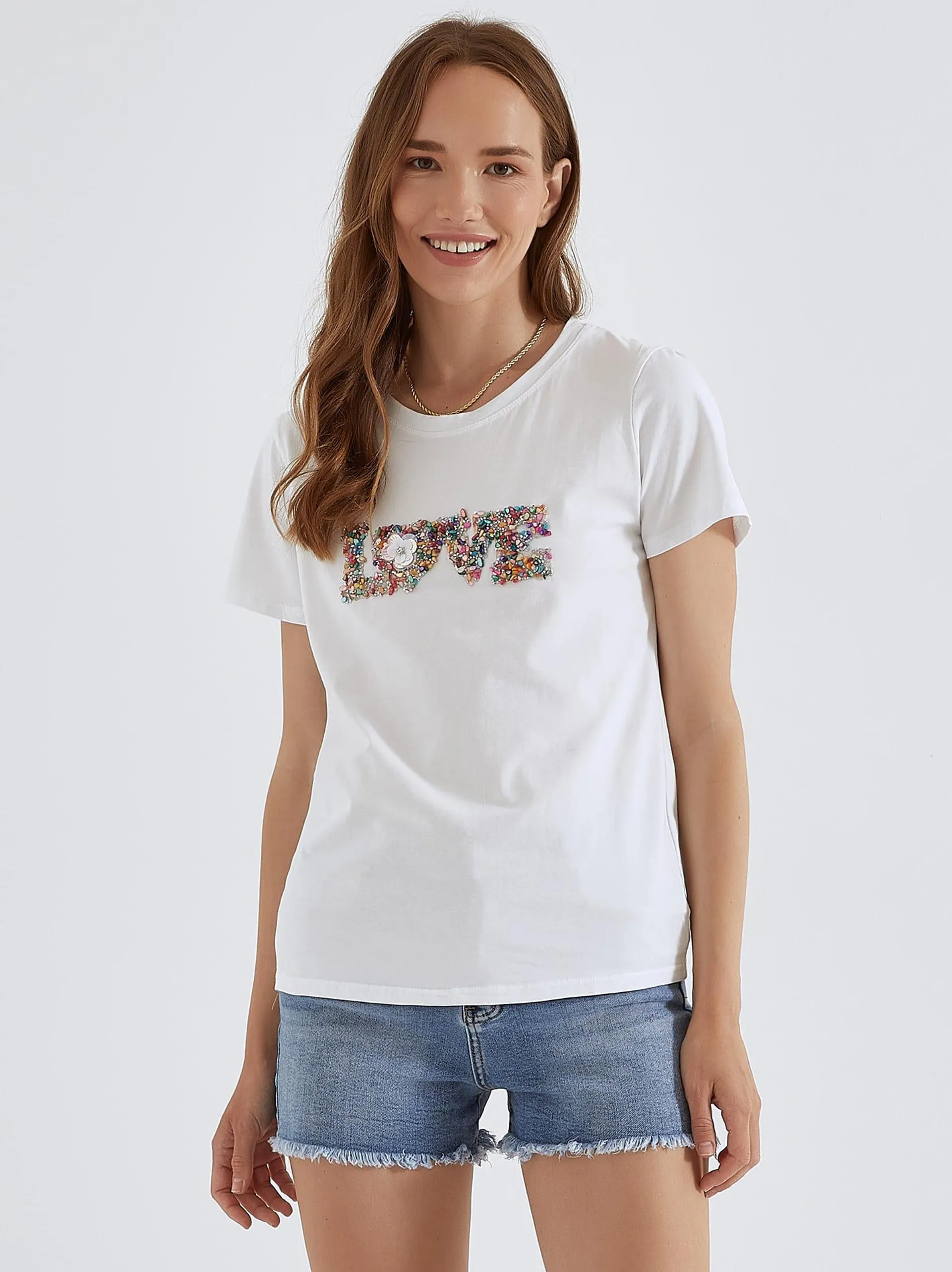 T-shirt με strass και πέτρες σε λευκό