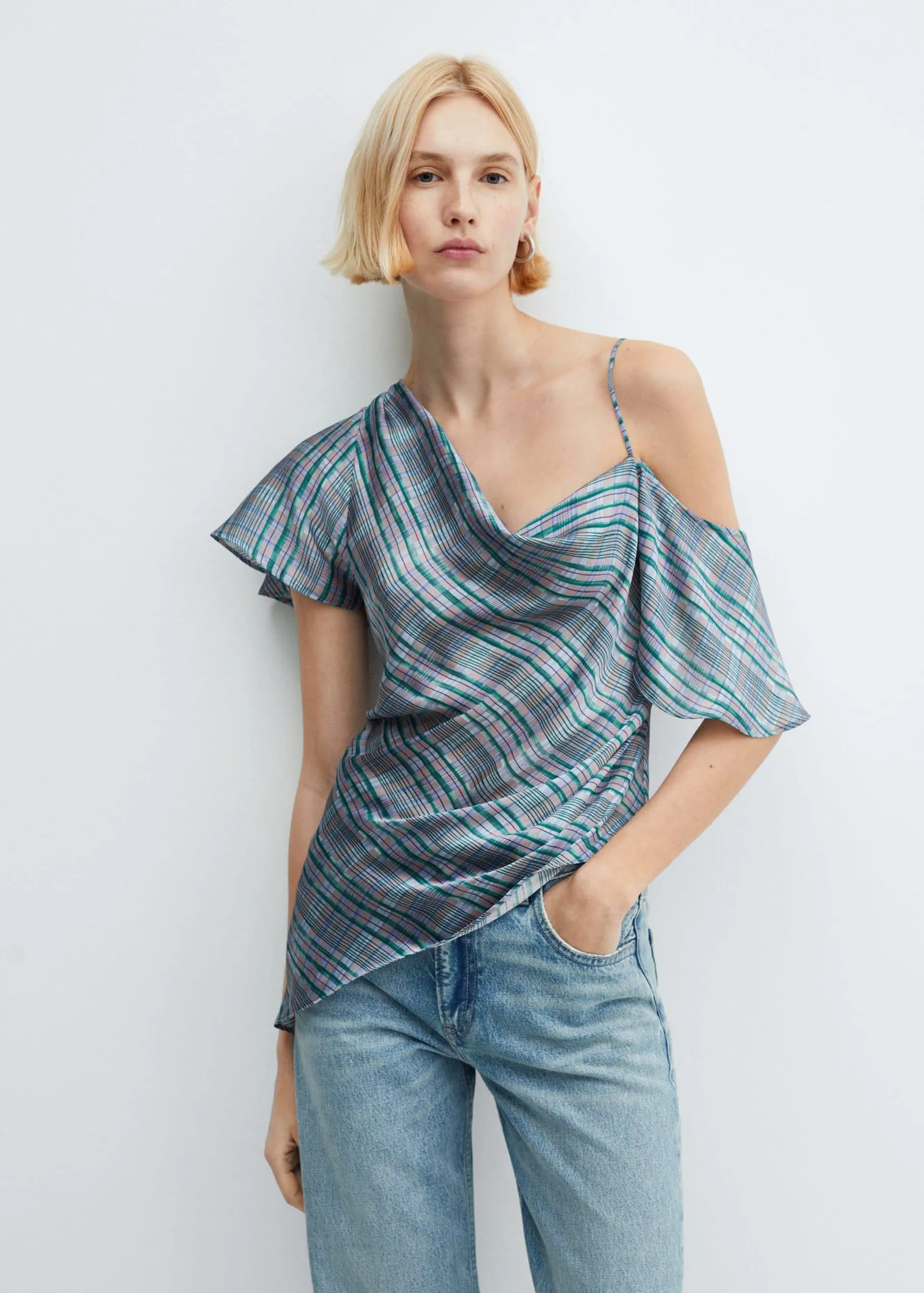 Asymmetric satin check blouse